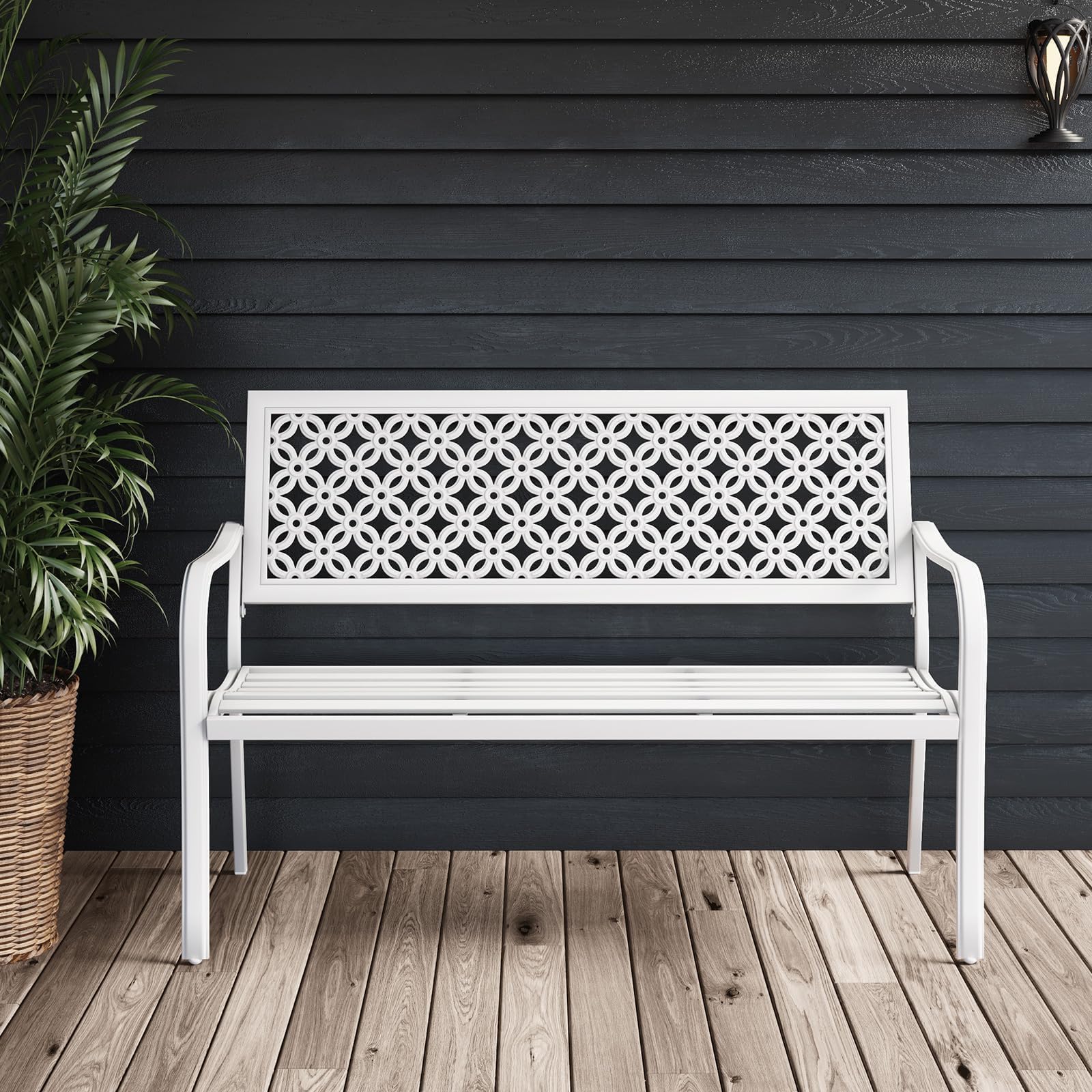 Grand patio 50" Garden Bench — Powder-Coated Steel with Floral Back (White)