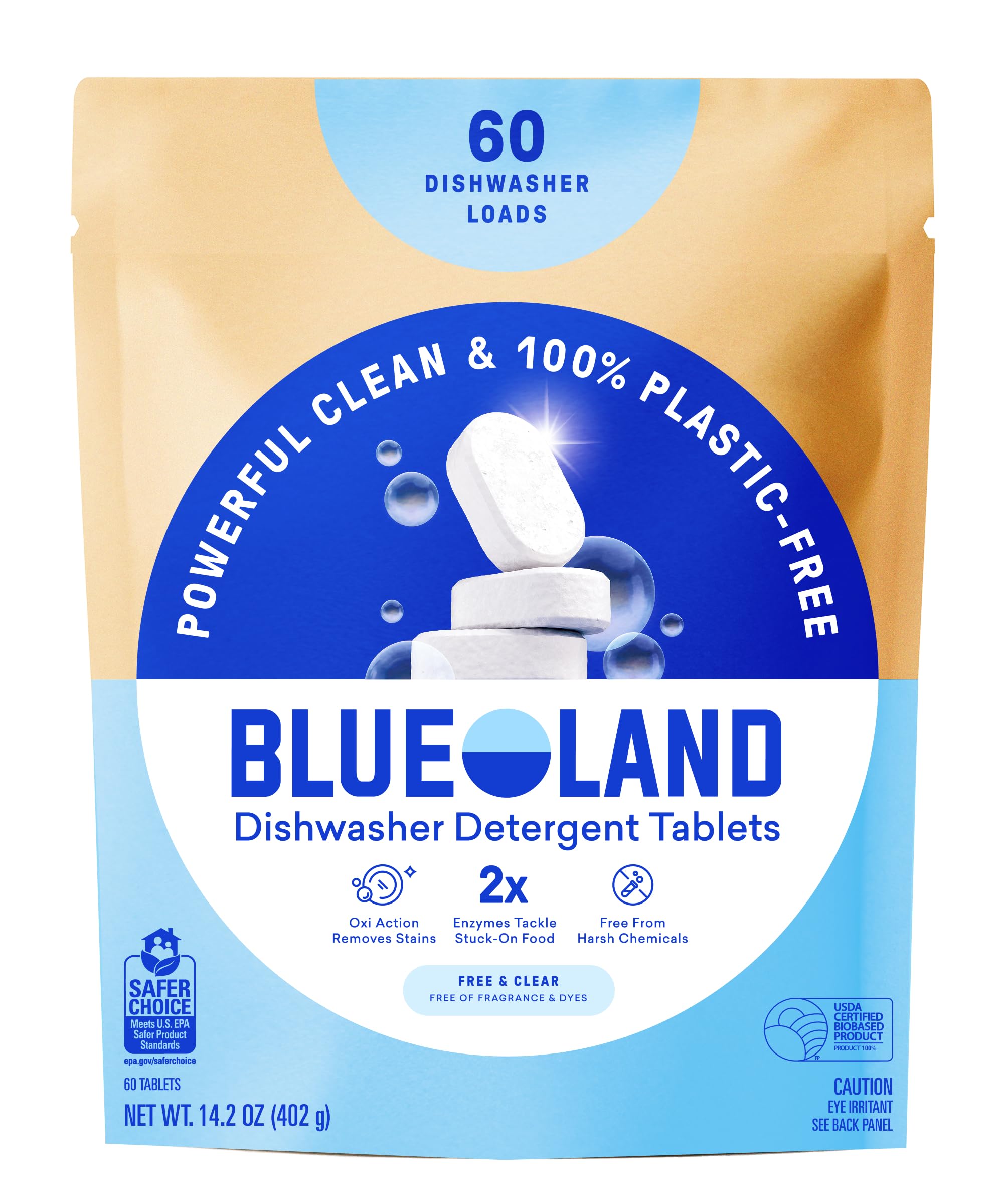 BLUELAND Plastic-Free Dishwasher Tablets — Free & Clear (60 Count)