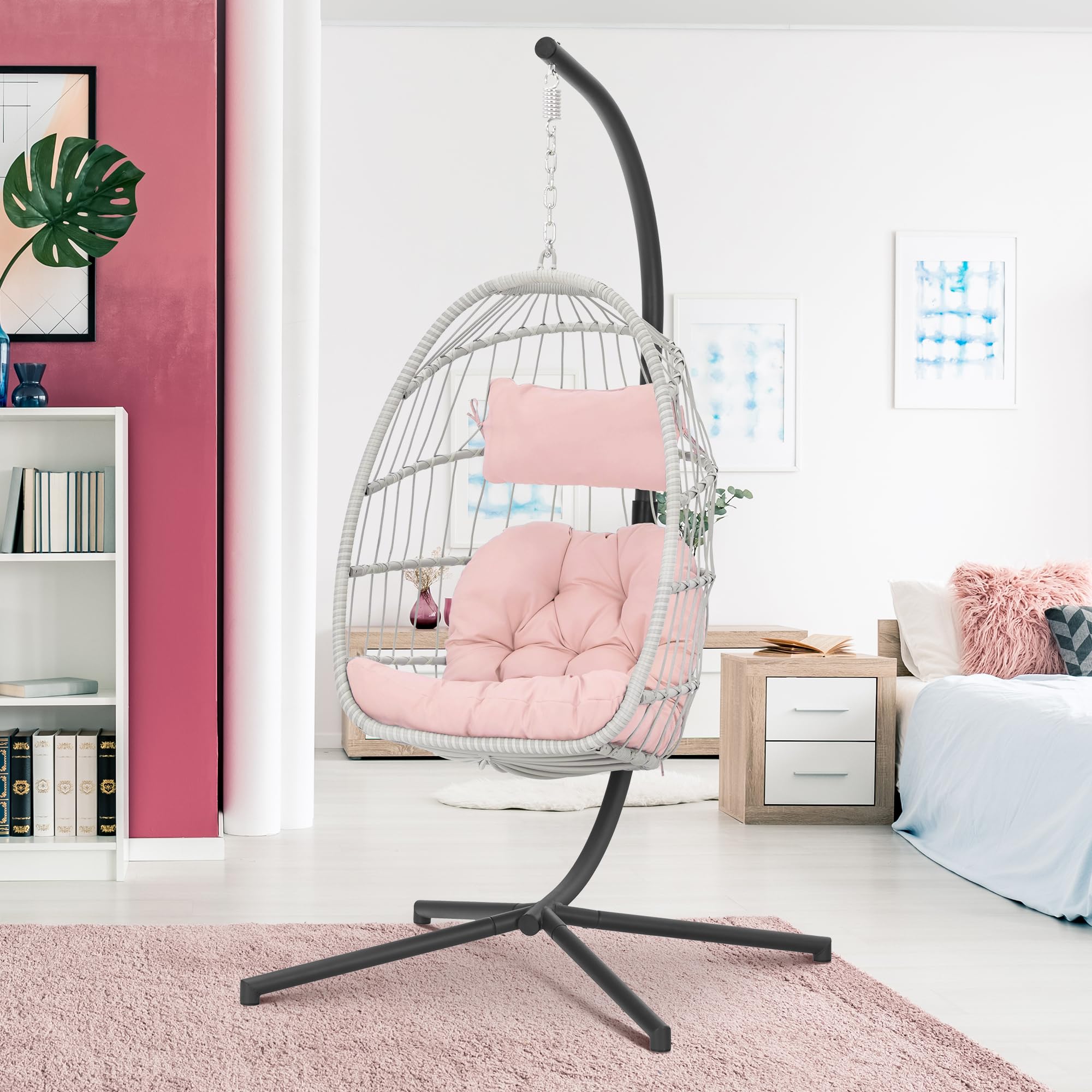 Pink Hanging Egg Chair with Stand