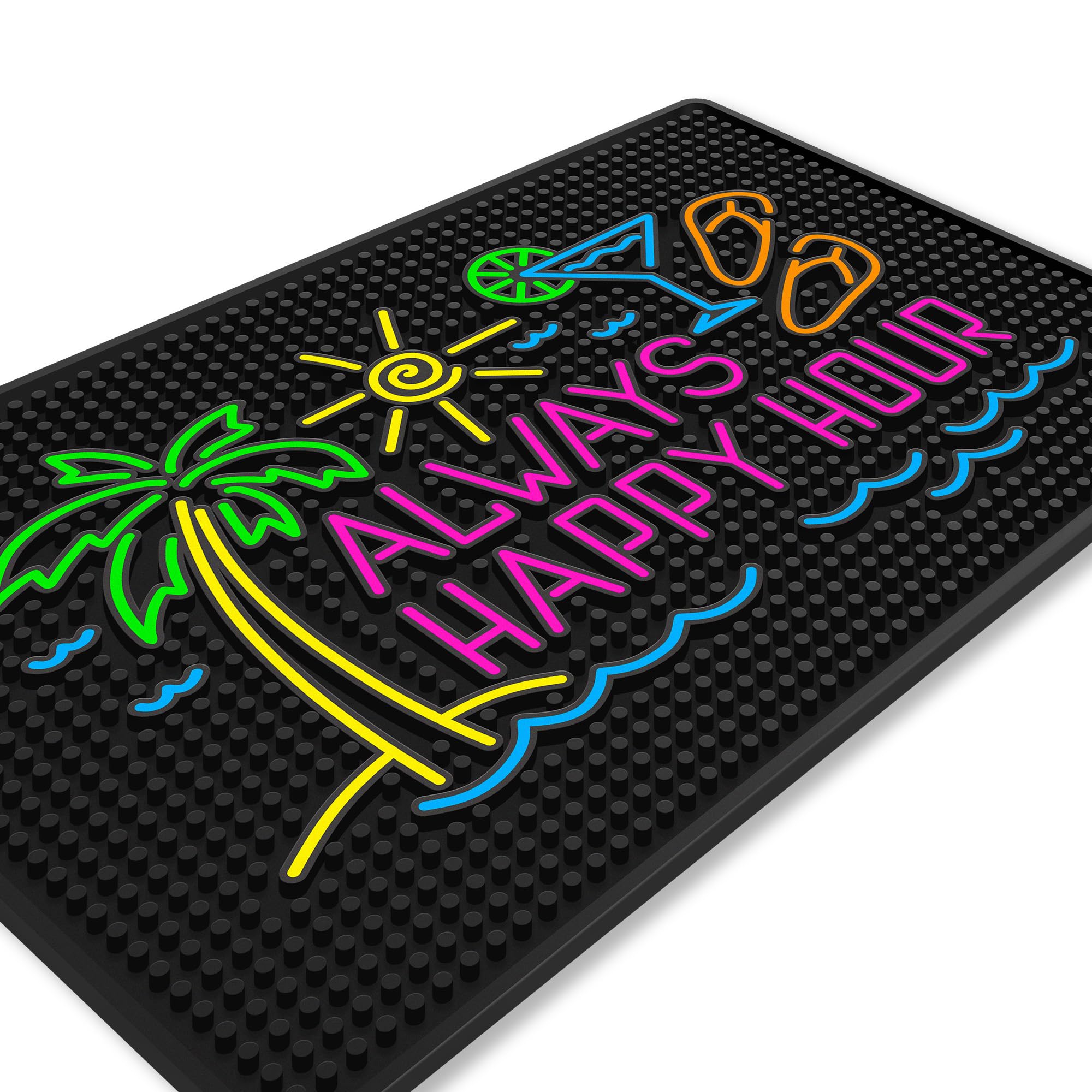 Always Happy Hour Bar Mat – 18"x12" Tiki Bar Mat for Bartending, Non-Slip Rubber Bar Mats for Countertop