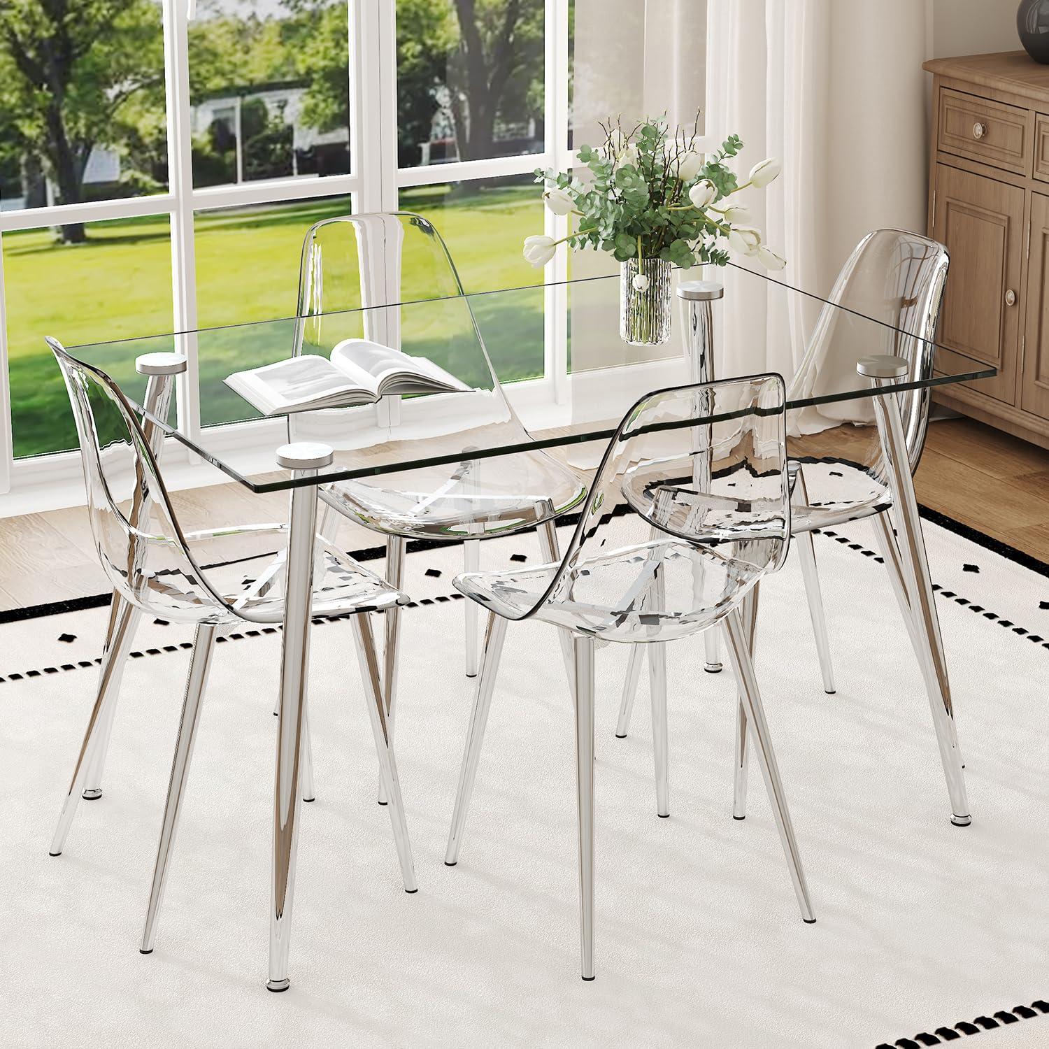 Clear Tempered Glass Set with Transparent Acrylic Chairs