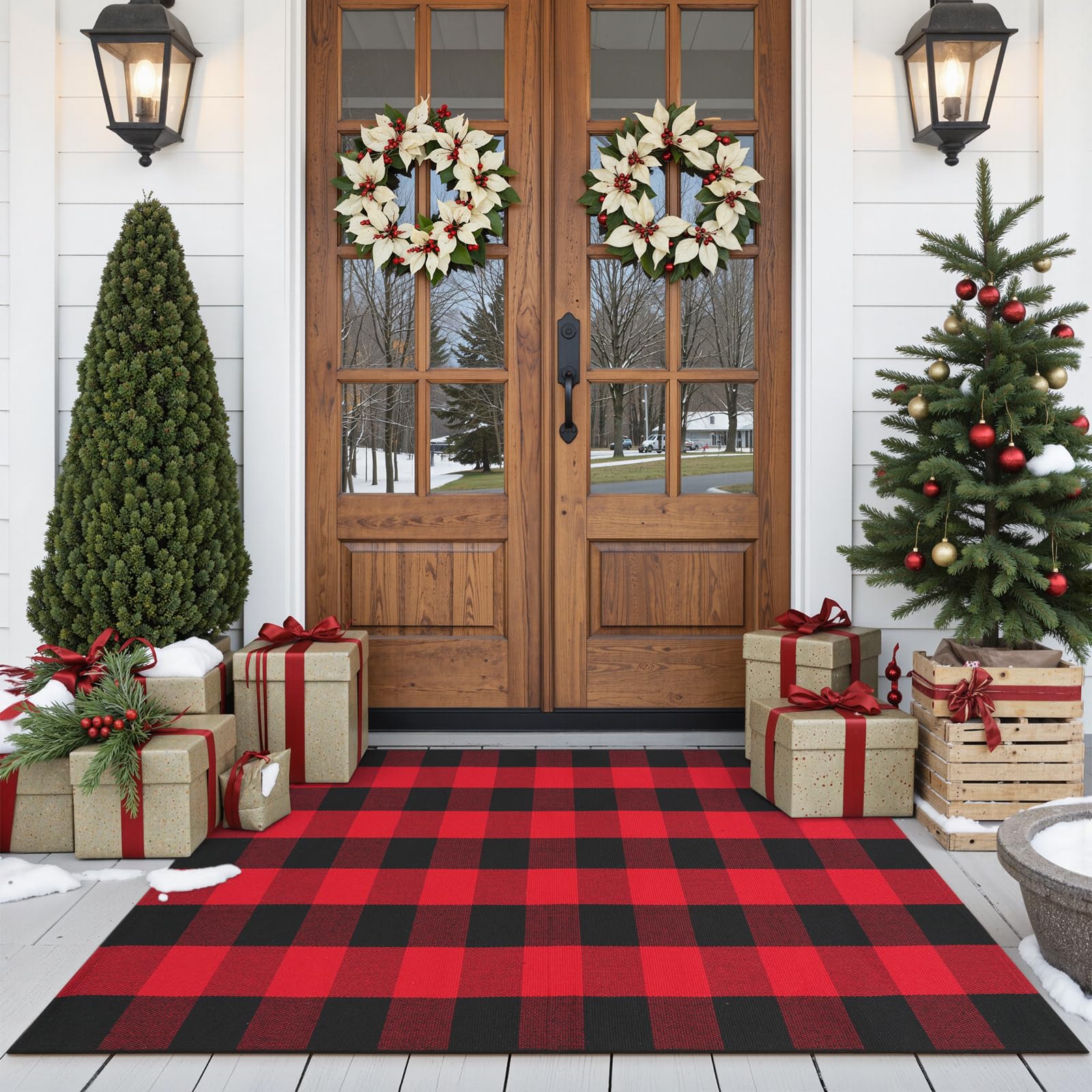 LEEVAN Christmas Outdoor Rug 3x5, Buffalo Plaid Washable Red and Black Checkered Entryway Rug