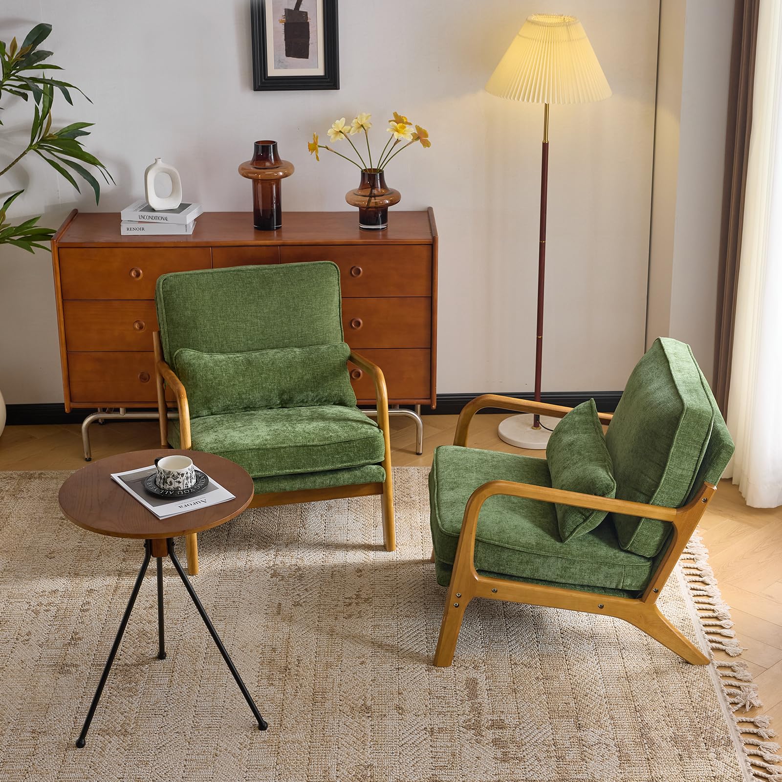 VINGLI Chenille Mid-Century Modern Accent Chair Set of 2 with Lumbar Pillow (Olive-Green, Set of 2)