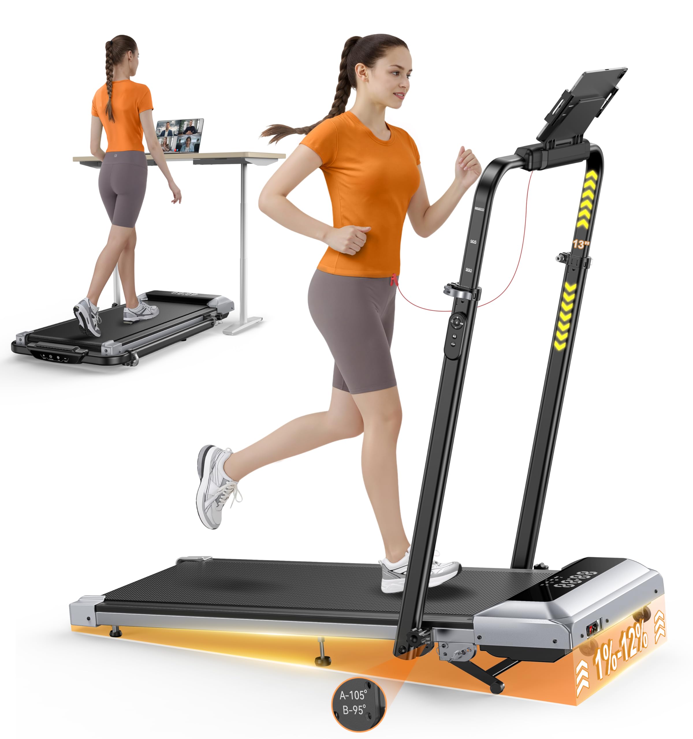 Walking Pad Treadmill with 12% Incline, 6 in 1 Folding Treadmill with Adjustable Handle Bar for Home/Office