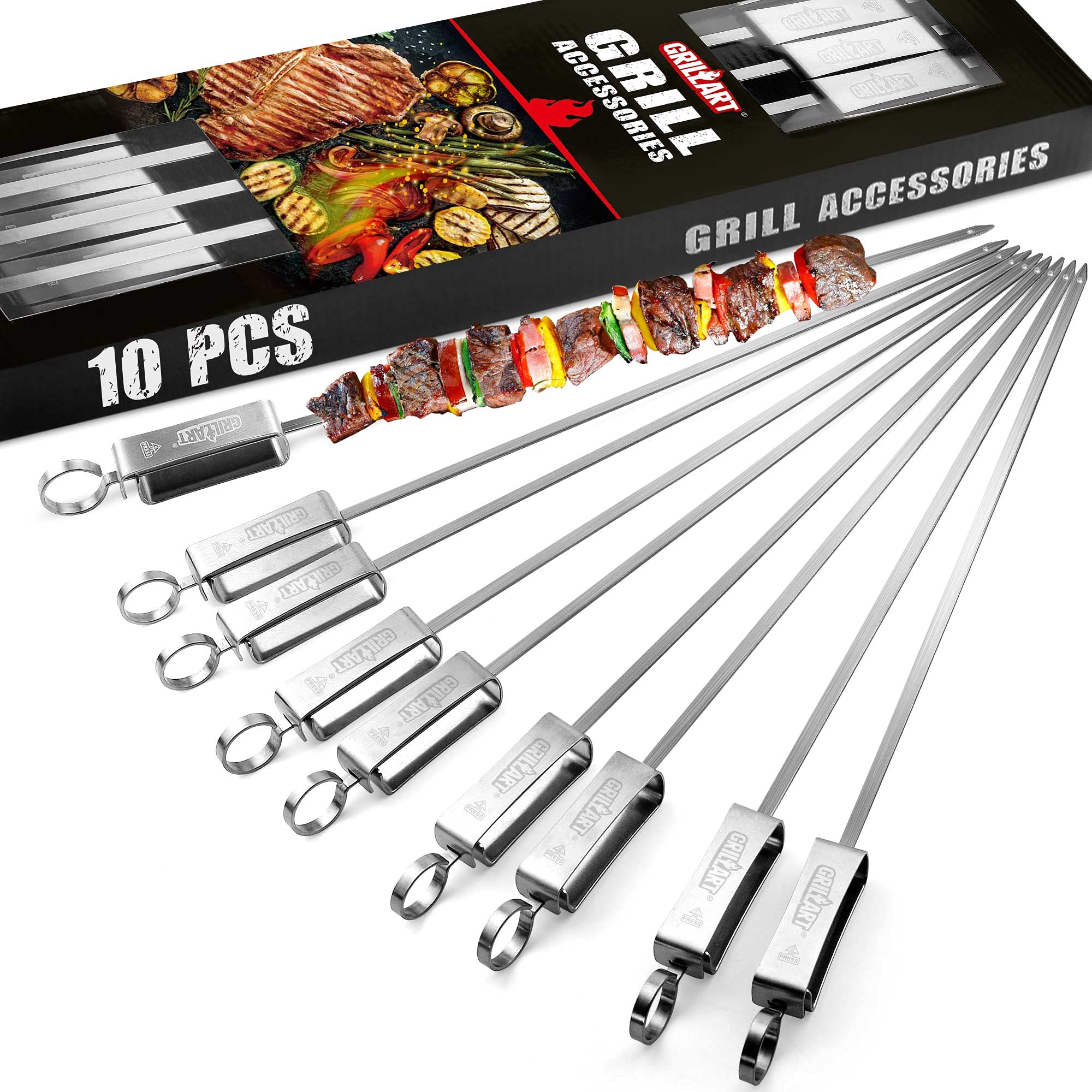 GRILLART 17-inch Flat Stainless Skewers with Slider