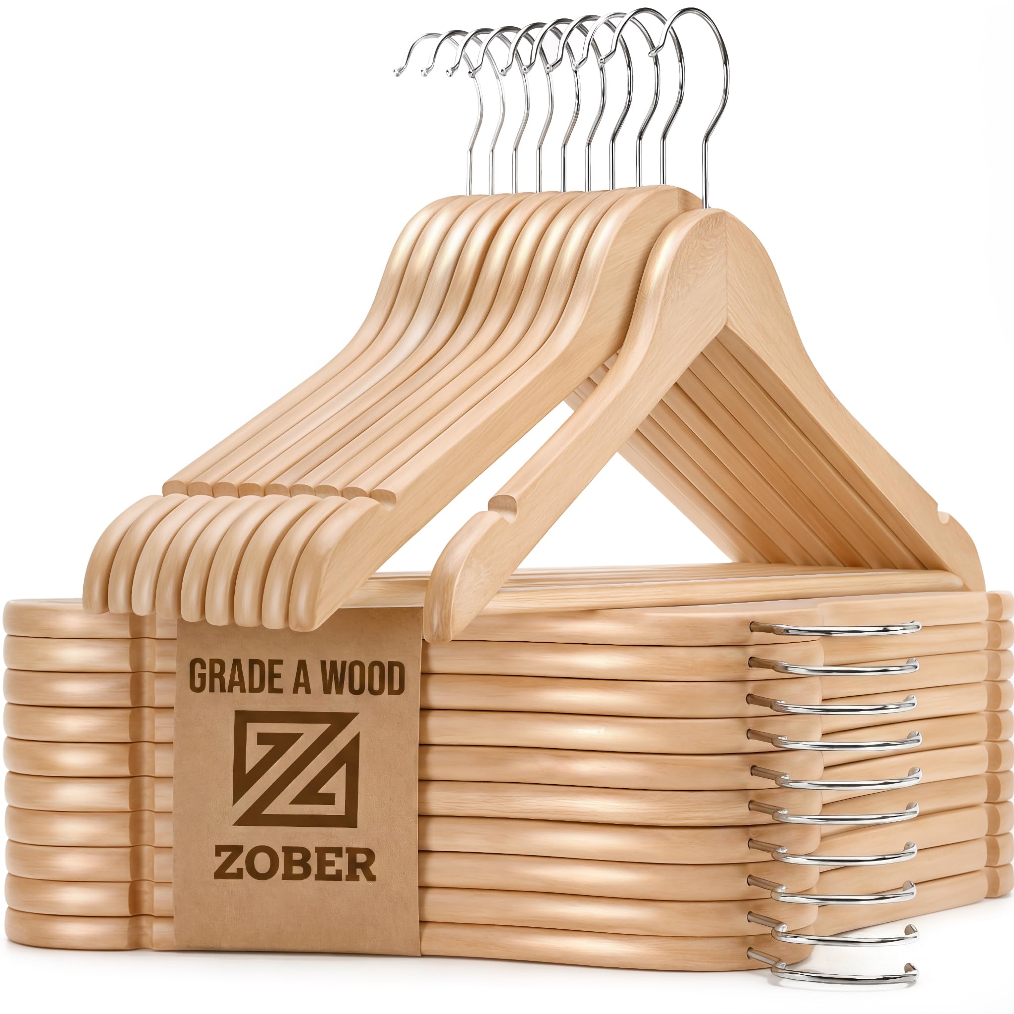 ZOBER High-Grade Wooden Hangers — Heavy Duty with Pant Bar and Notches, 20-Pack