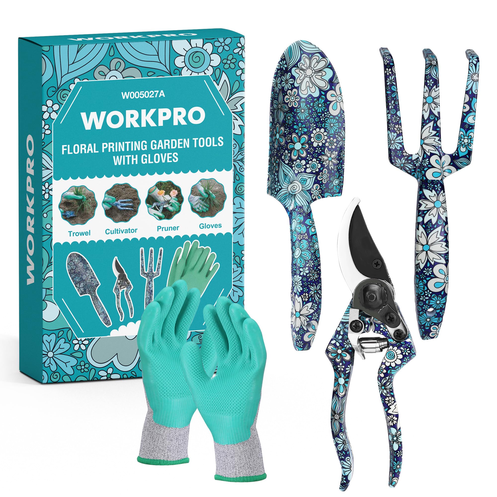 WORKPRO Aluminum Garden Tool Set, 4PCS Heavy Duty Hand Garden Tools with Box, Trowel, Rake, Pruner, Gloves