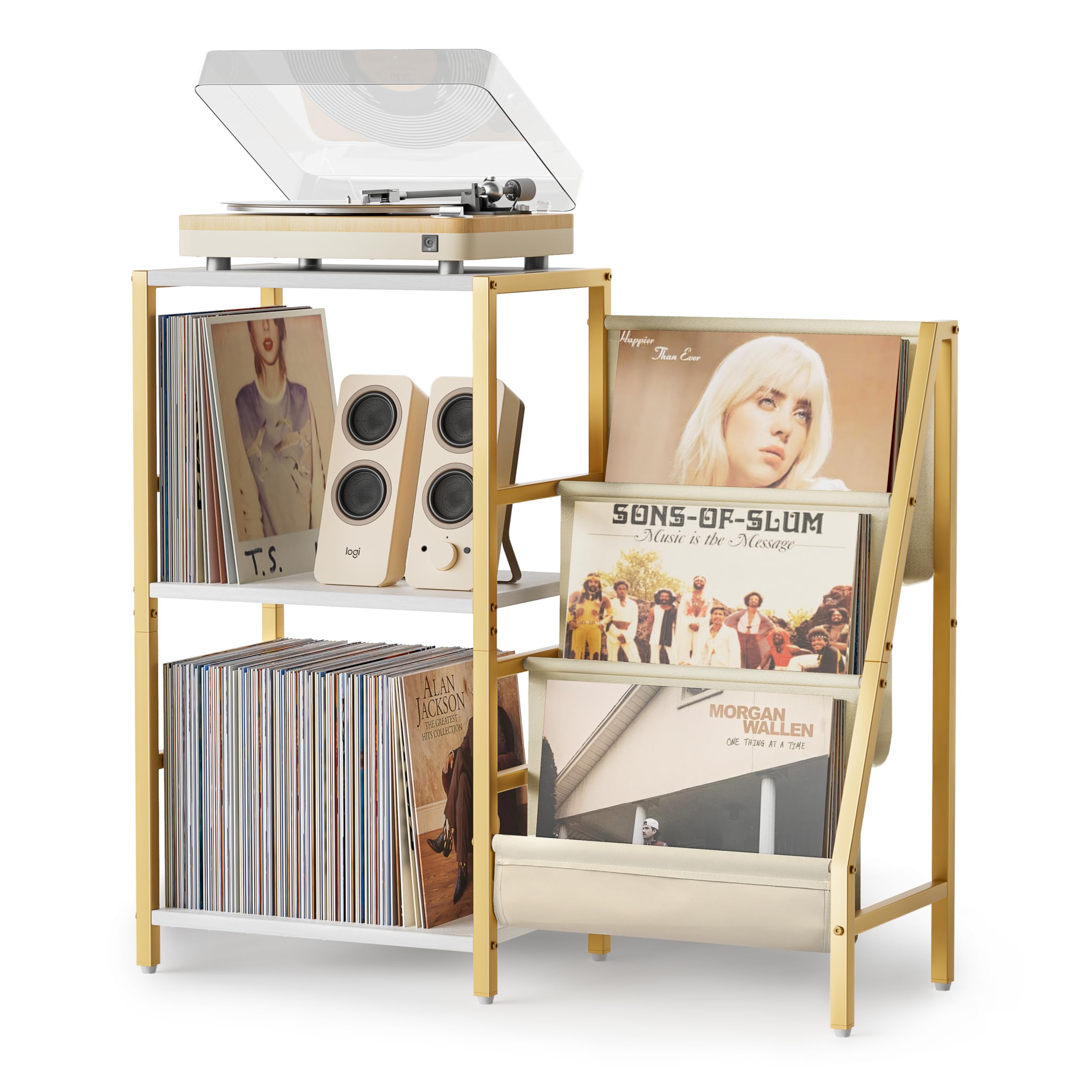 3-Tier Record Player Stand (Gold & White)