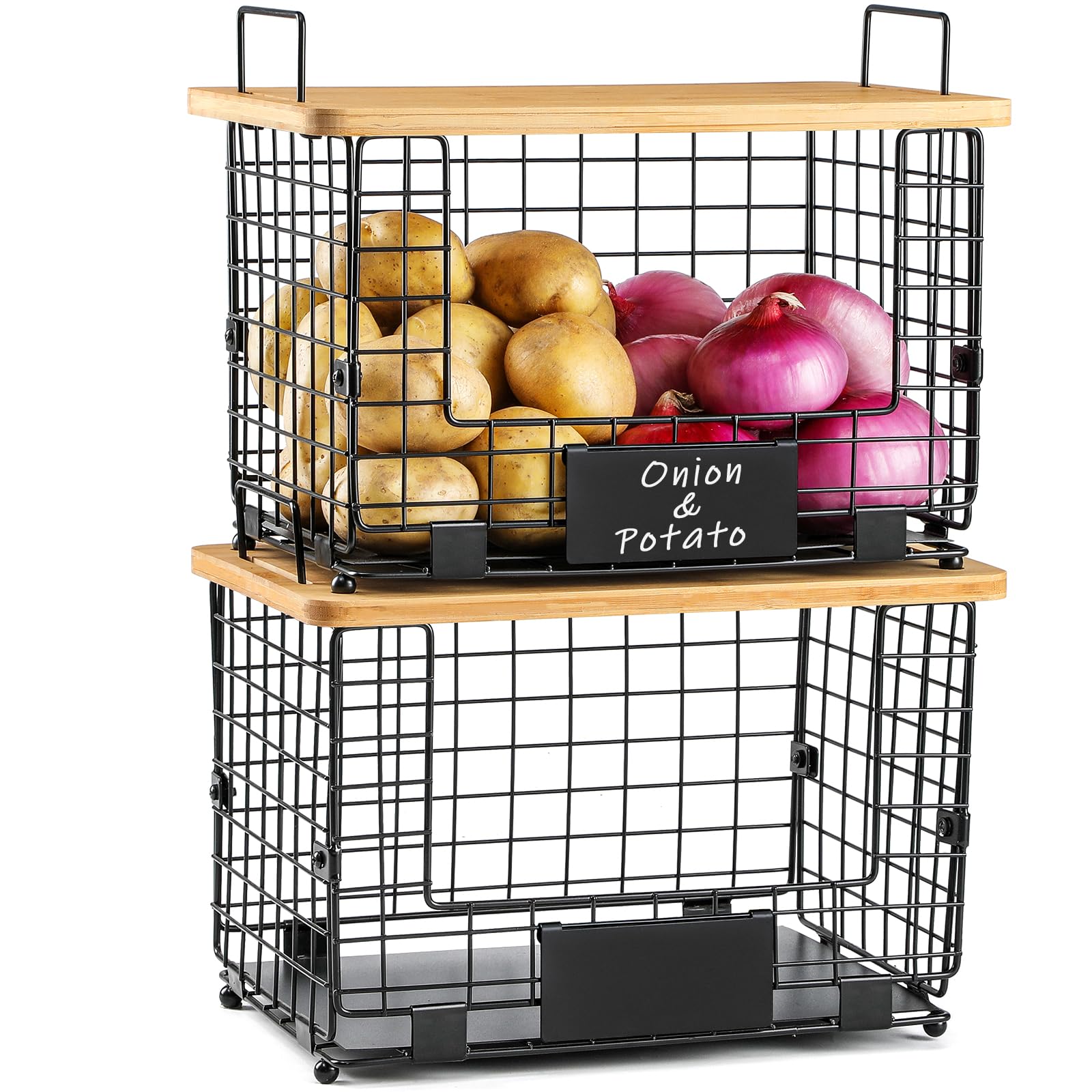 XL Stackable Wire Basket with Bamboo Top