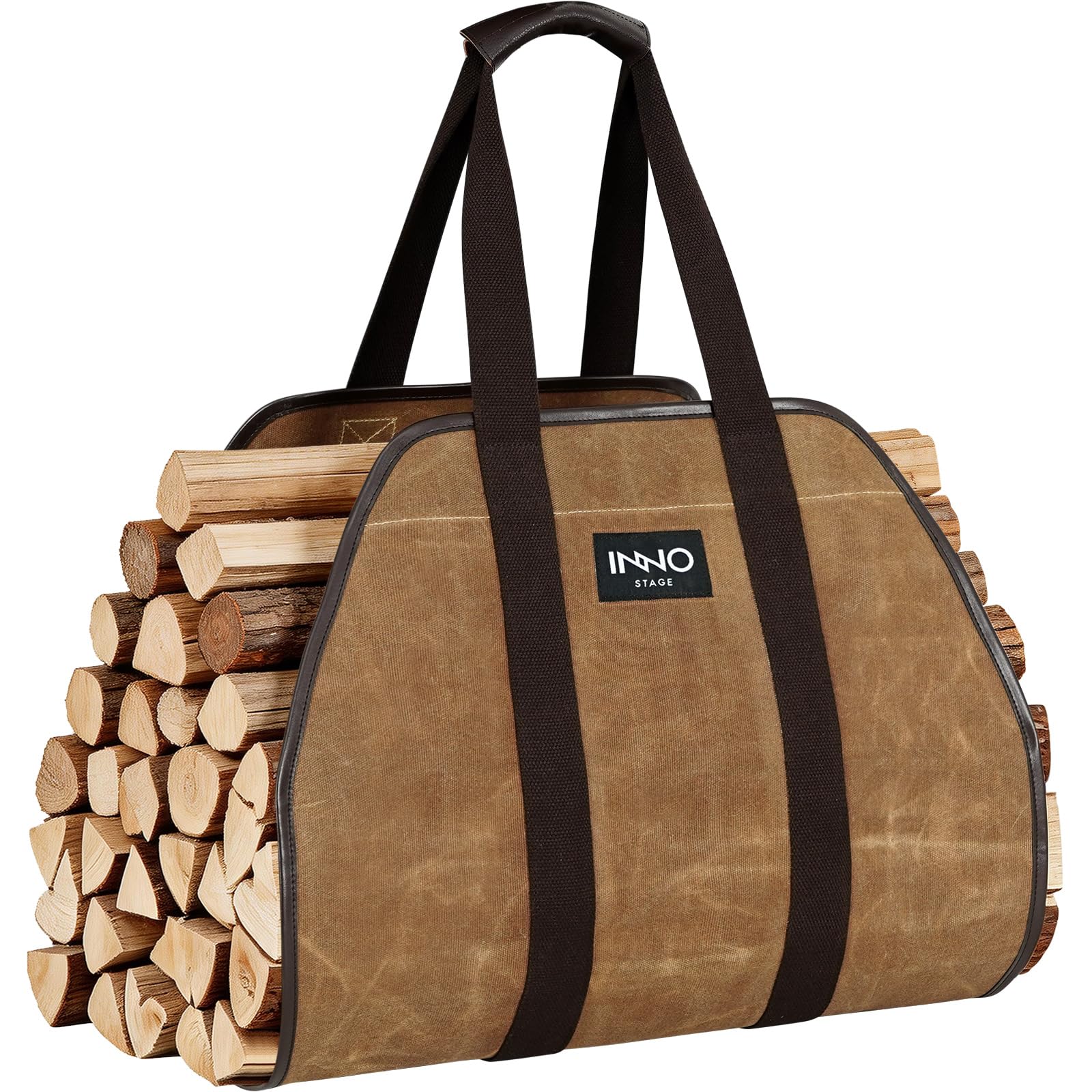 INNO STAGE Firewood Carrier Firewood Bag Heavy Duty Waxed Canvas Log Carrier Tote for Firewood, Large Fire Wood Sling Carrier with Handles for Easy Transport Carrying and Wood Stove Accessories, Rust Camel
