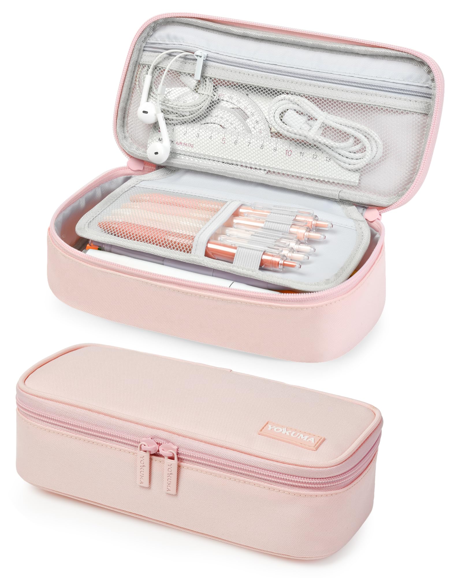 YOKUMA Pencil Case,Large Capacity Pencil Pouch,Aesthetic Zipper Pencil Box, Back to School Supplies for College Student Teen Adults,Travel Essentials,Electronic Cable Organize Pink