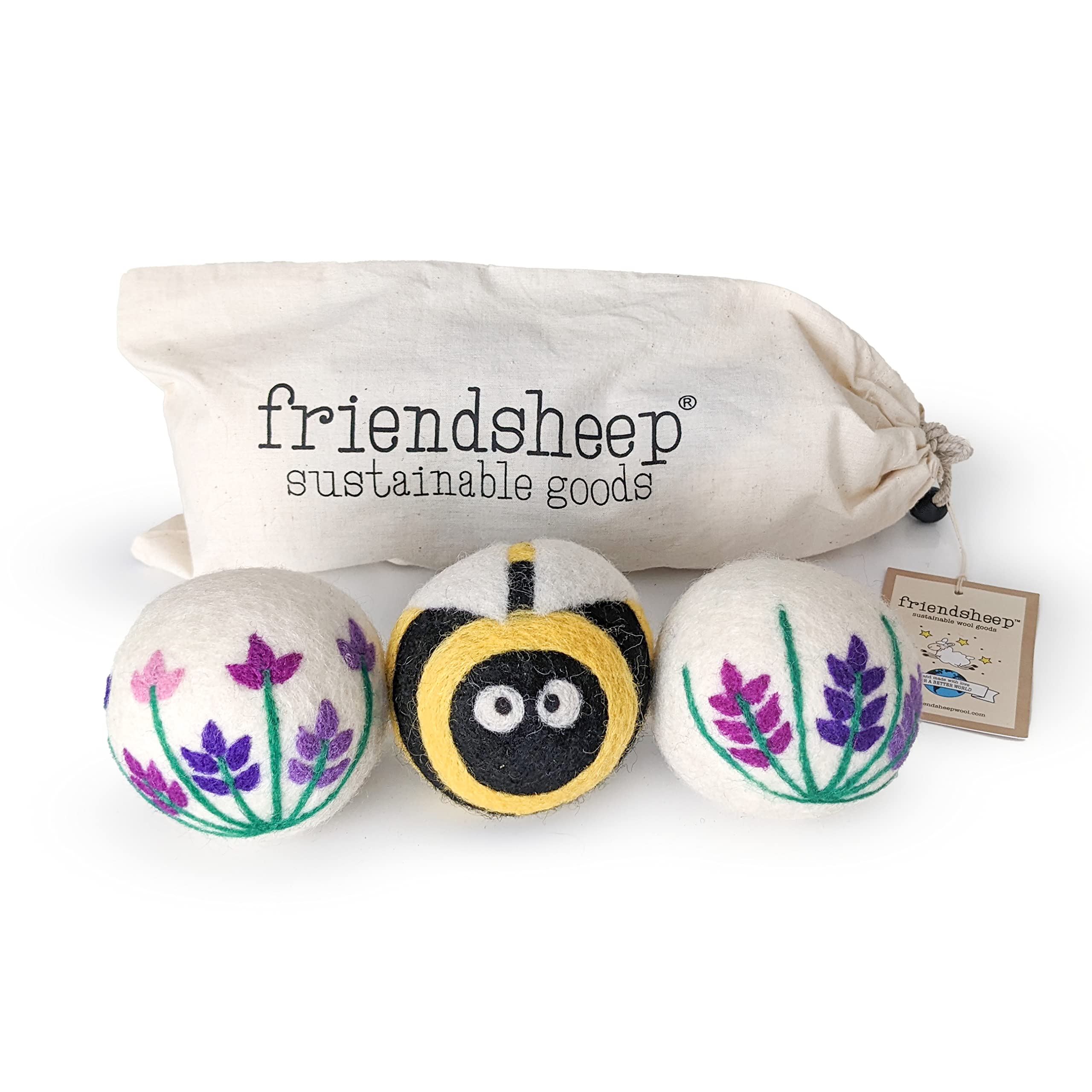 Friendsheep Wool Dryer Balls, Organic Reusable Fabric Softener Alternative (3 Pack XL – Lavender Fields Bee Flower)