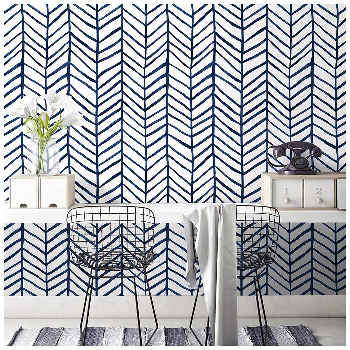 HAOKHOME Blue Navy Herringbone Peel and Stick Wallpaper (17.7in x 32.8ft)