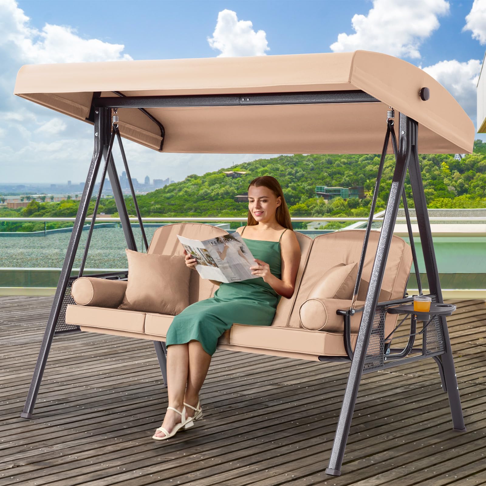 3-in-1 Adjustable Canopy 3-Seat Porch Swing