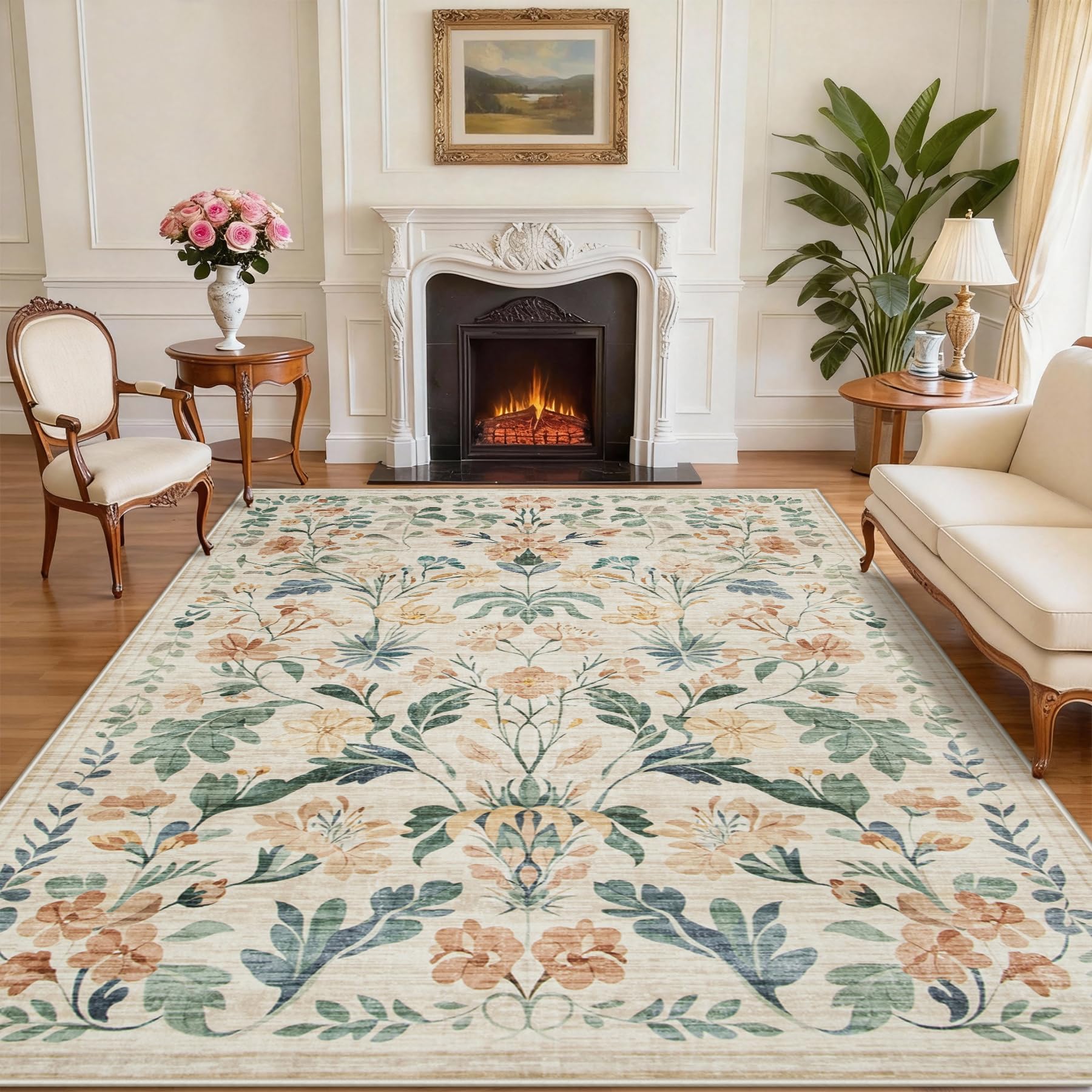 Machine-Washable Boho Floral Rug