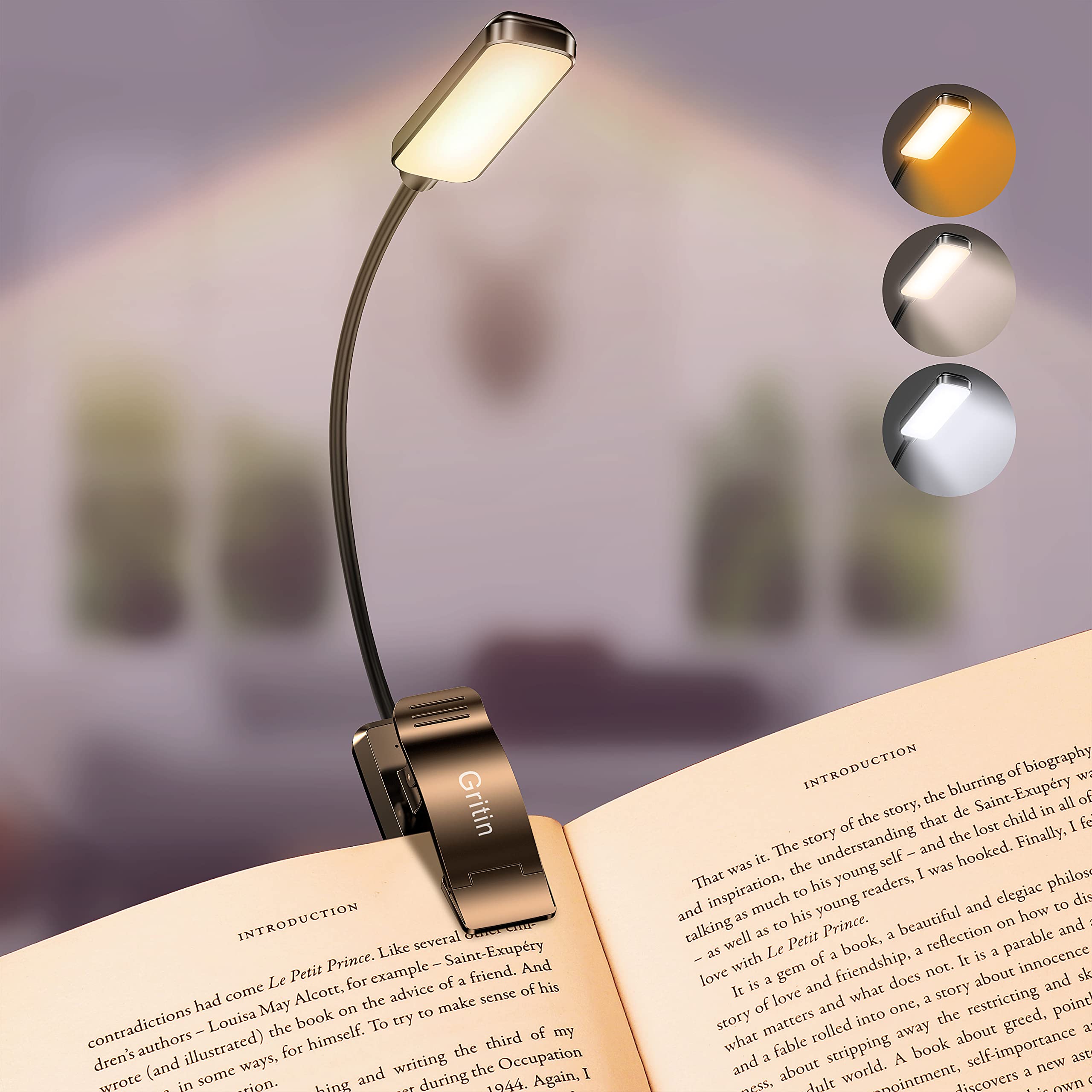 Gritin 9 LED Rechargeable Book Light for Reading in Bed - Eye Caring 3 Color Temperatures, Stepless Dimming