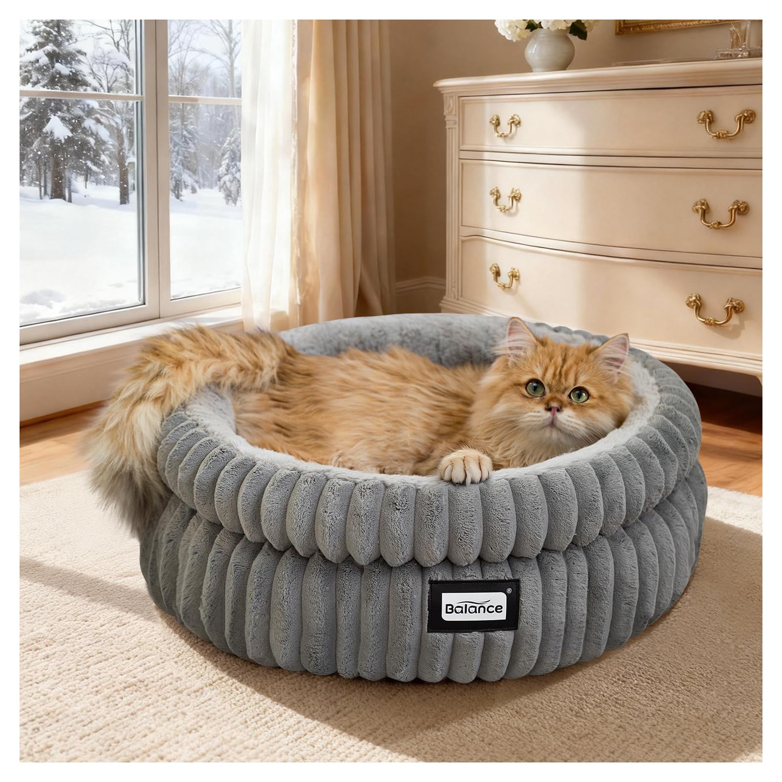 BALANCE Round Plush Cat Bed (Washable Doughnut Bed with High Sides)