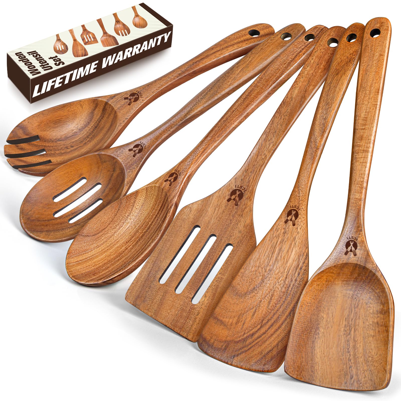 Wooden Spoons for Cooking, 6 Pcs Natural Teak Wooden Kitchen Utensils Set