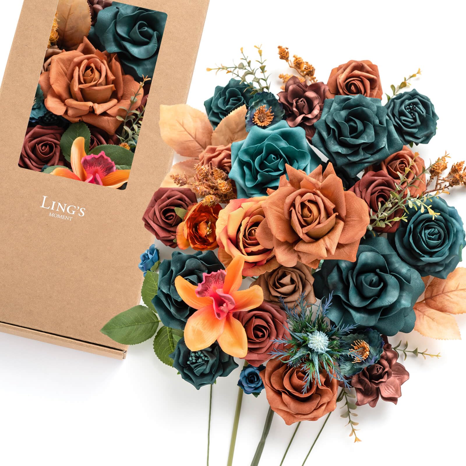 Ling's moment Fake Flowers Box - Teal & Burnt Orange Deluxe Combo