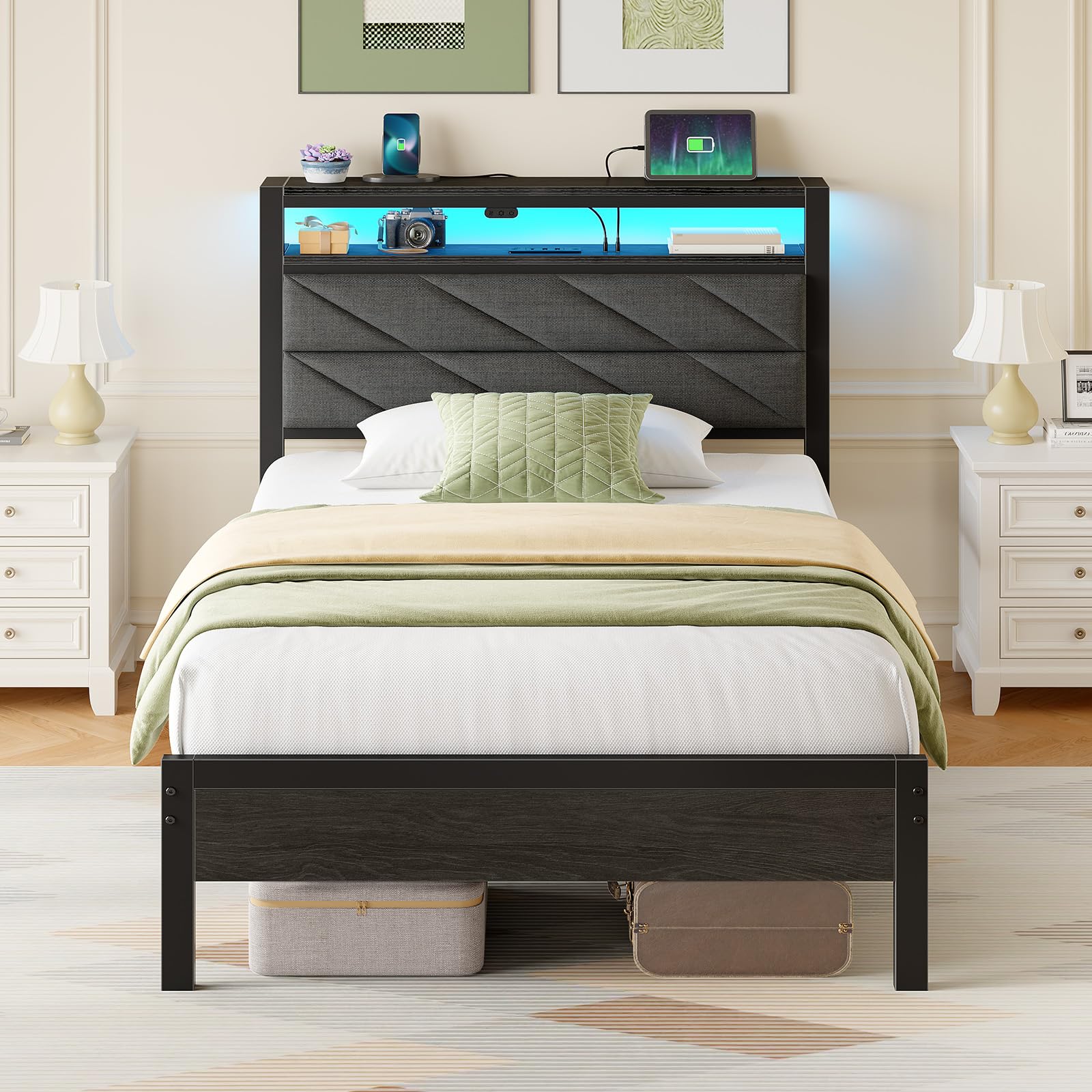 Seventable Twin Bed Frame with LED Headboard