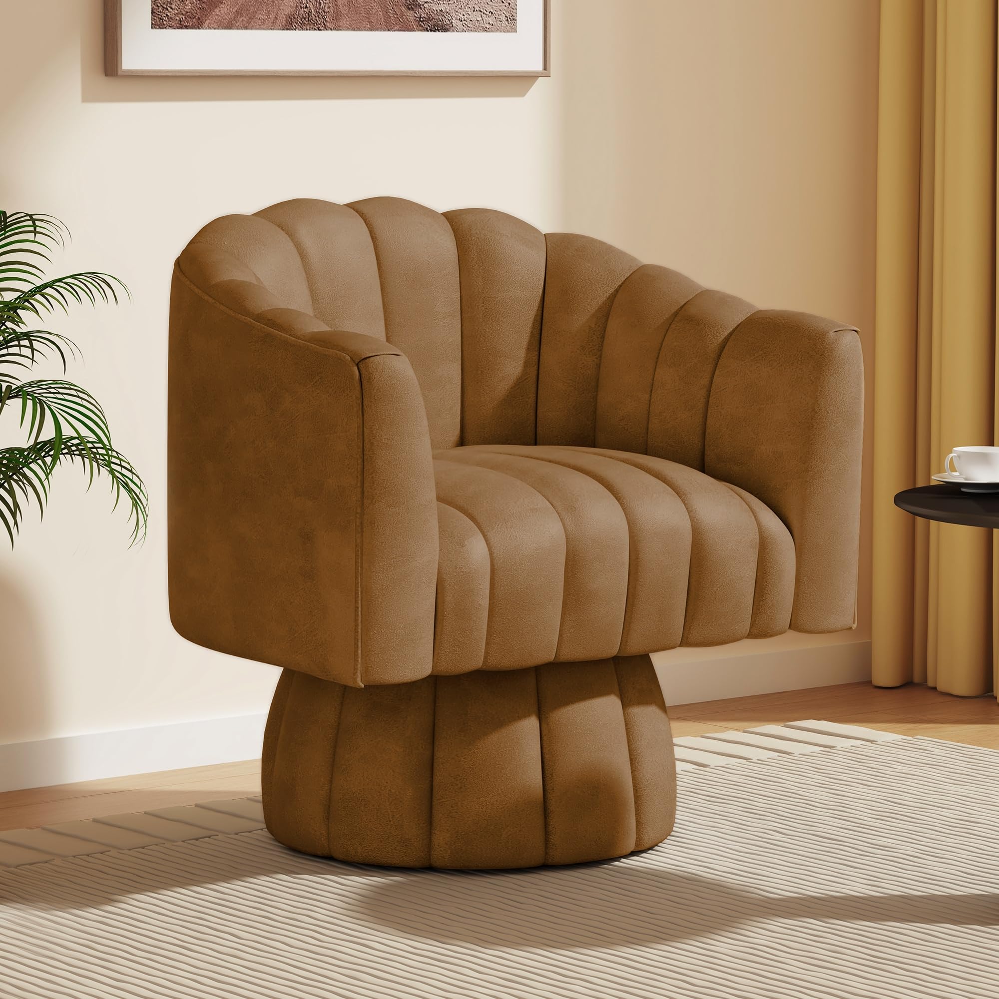 Modern 360 Degree Leather Swivel Cuddle Barrel Accent Sofa Chair (Brown)