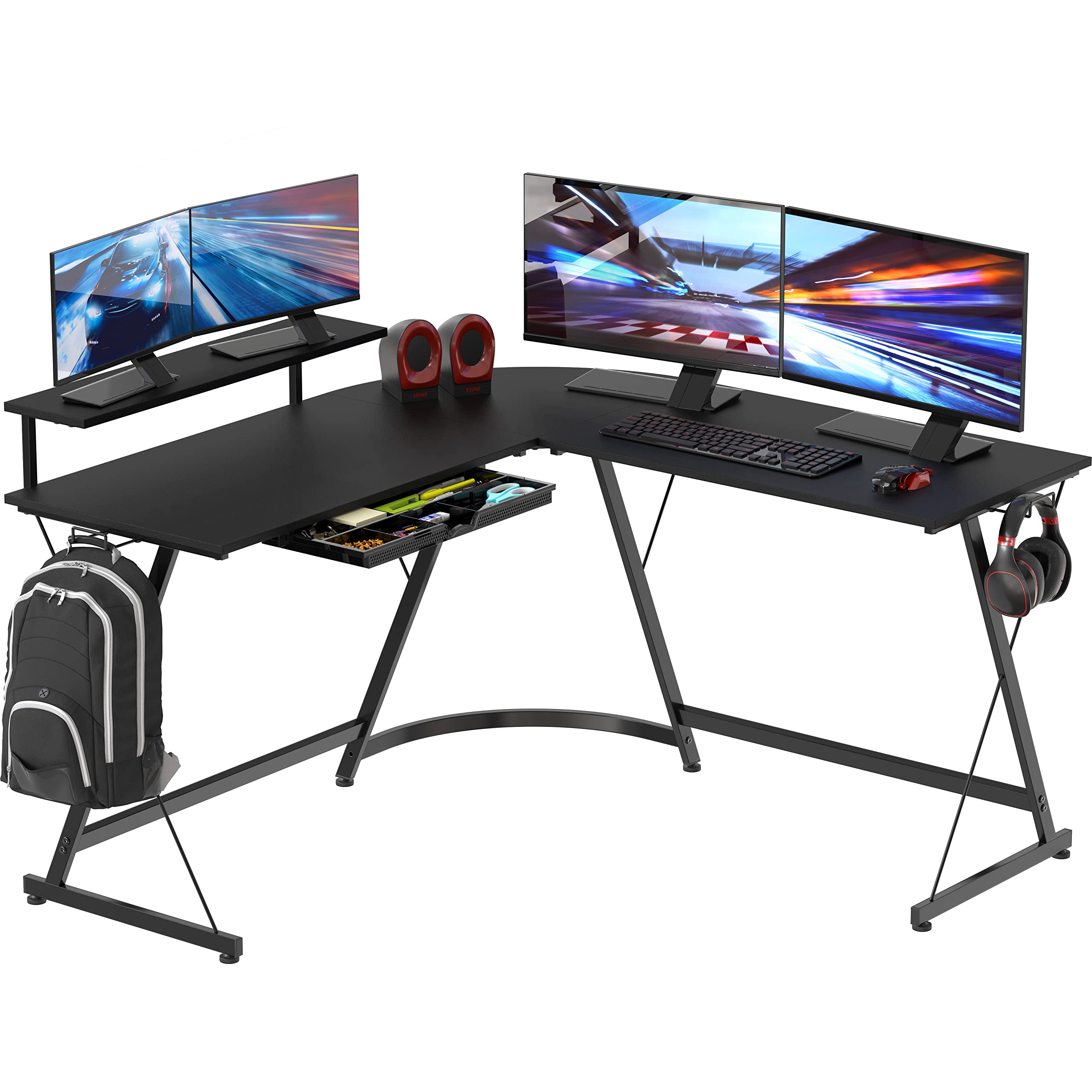 SHW 51 x 51 Inches Vista L-Shaped Desk with Monitor Stand and Drawer, Black