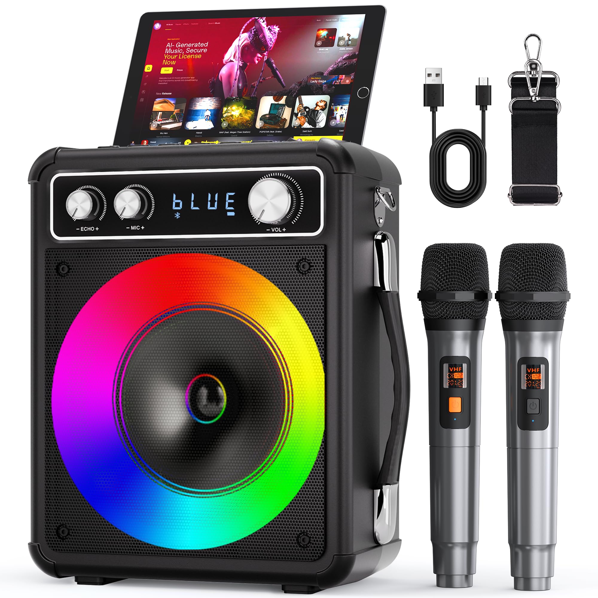 VOSOCO Portable Karaoke Speaker with 2 Wireless Mics