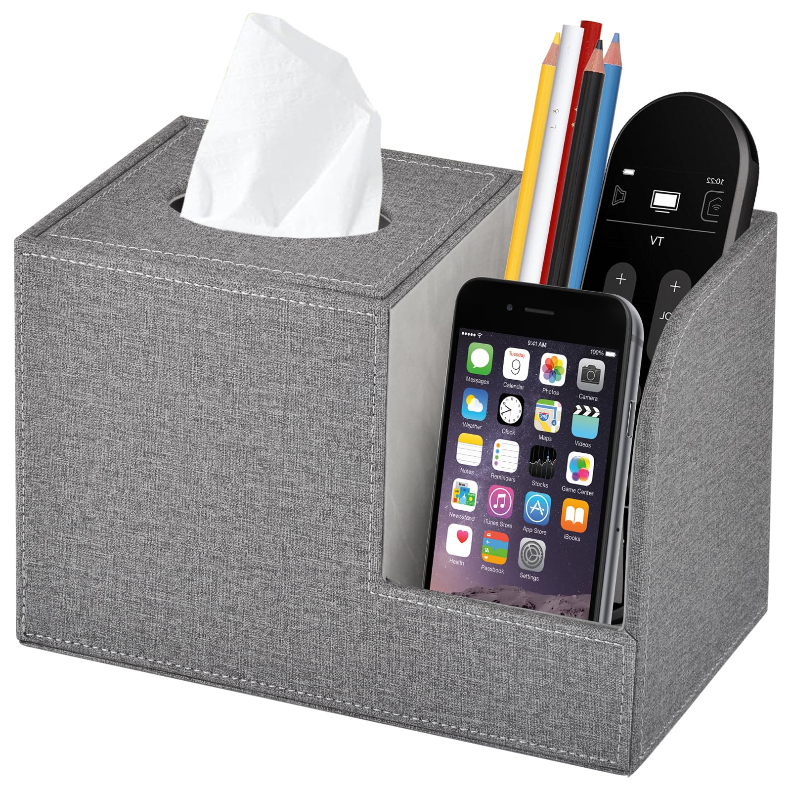 PU Leather Cube Tissue Box with 2-Compartment Organizer