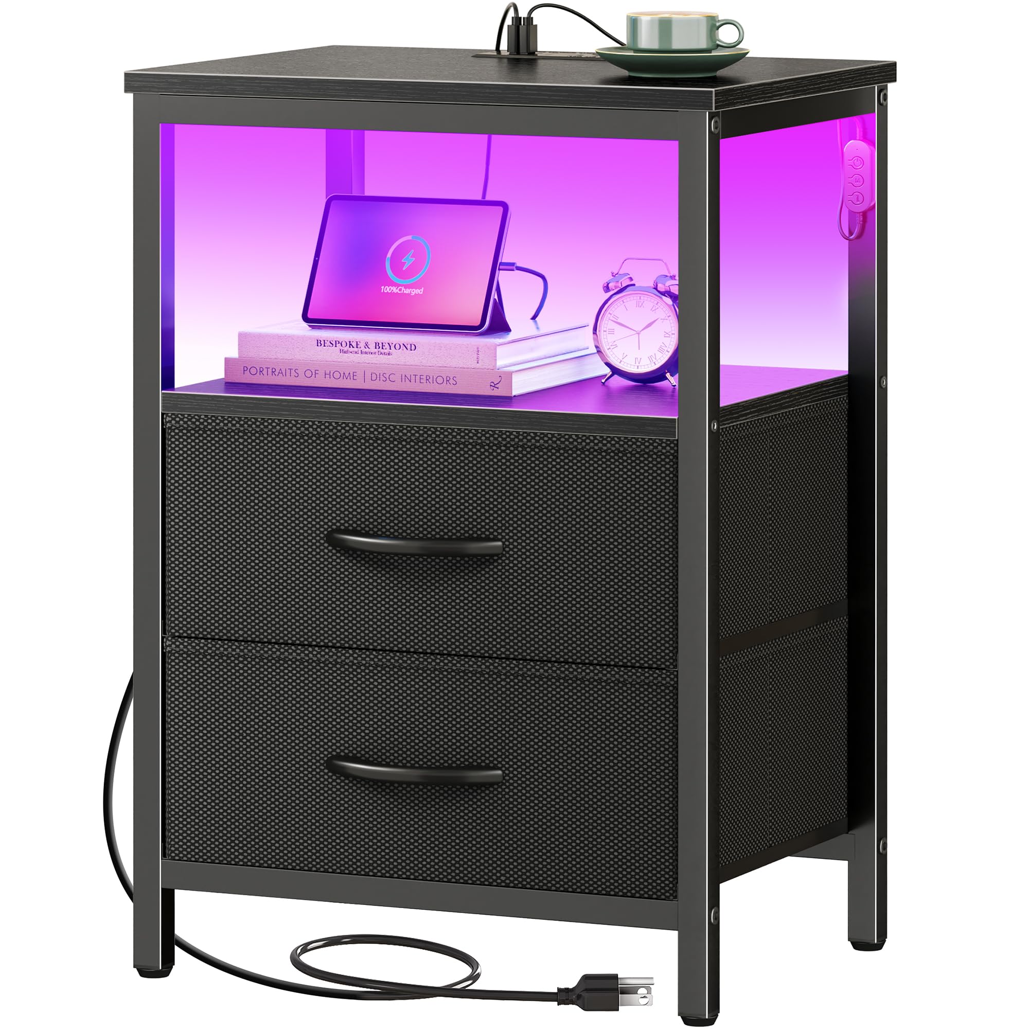 Huuger Nightstand with Charger and LED