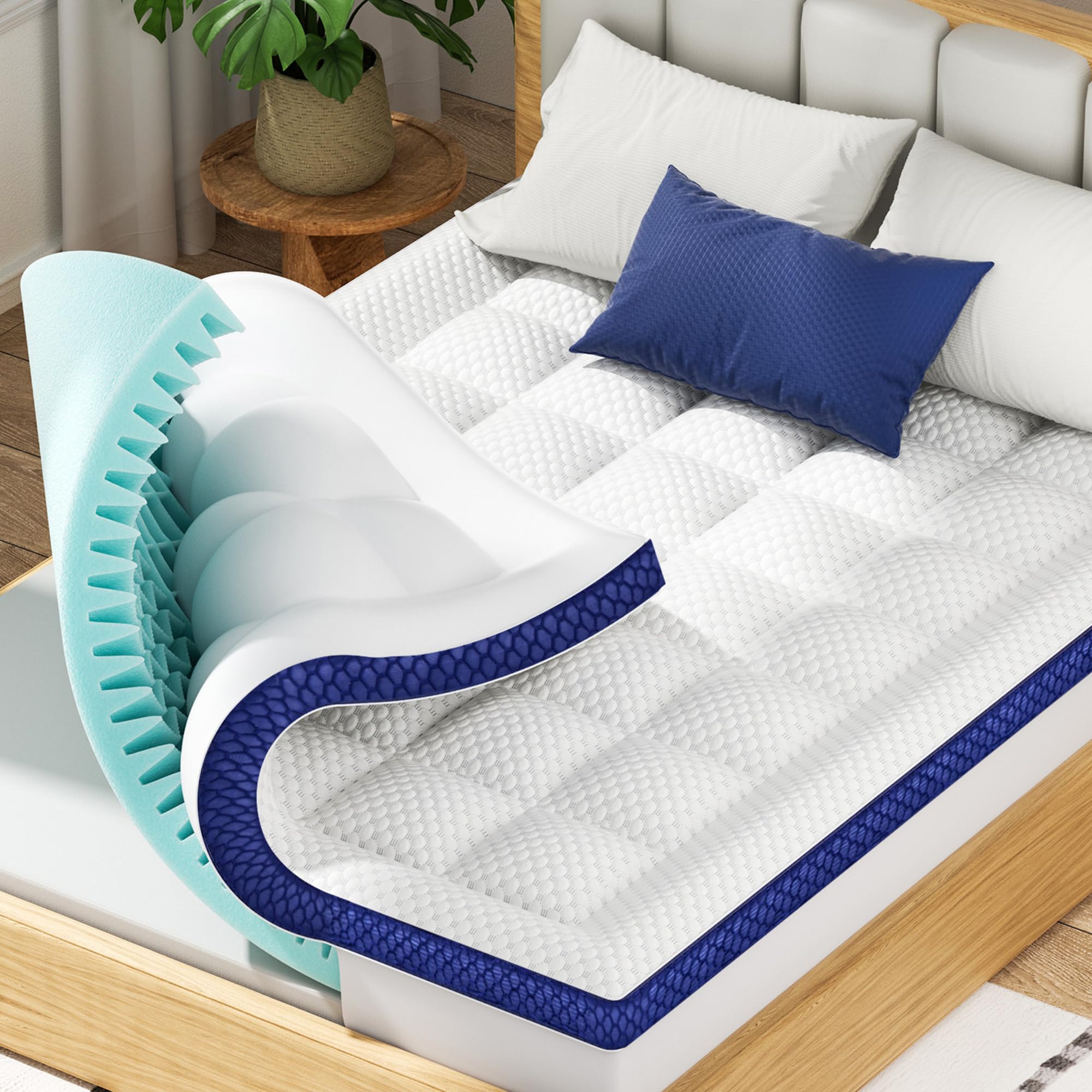 BEDELITE King Mattress Topper Dual Layer 4 Inch Memory Foam Mattress Topper, 2 Inch Pilow Top Mattress Pad and 2 Inch Premium Gel Foam Mattress, with Stretchable Pockets Up to 6"-24" White-blue King