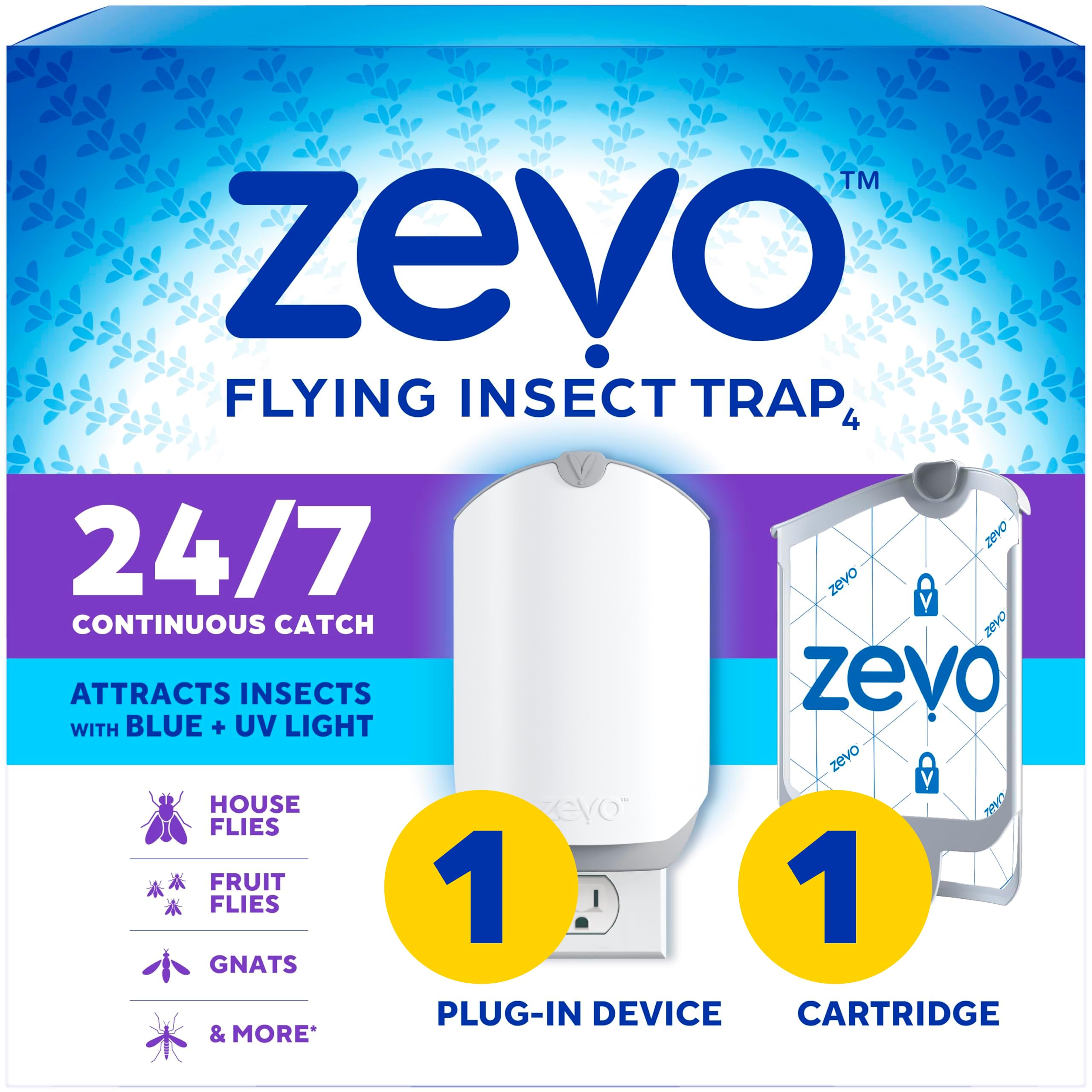 Zevo Flying Insect Trap & Cartridge - Plug in Fly Trap & Indoor Bug Catcher for Gnats, House & Fruit Flies - Mess-Free - Use in Any Room - Uses Blue & UV Light (1 Plug in Device & 1 Cartridge) 1 Device & 1 Cartridge