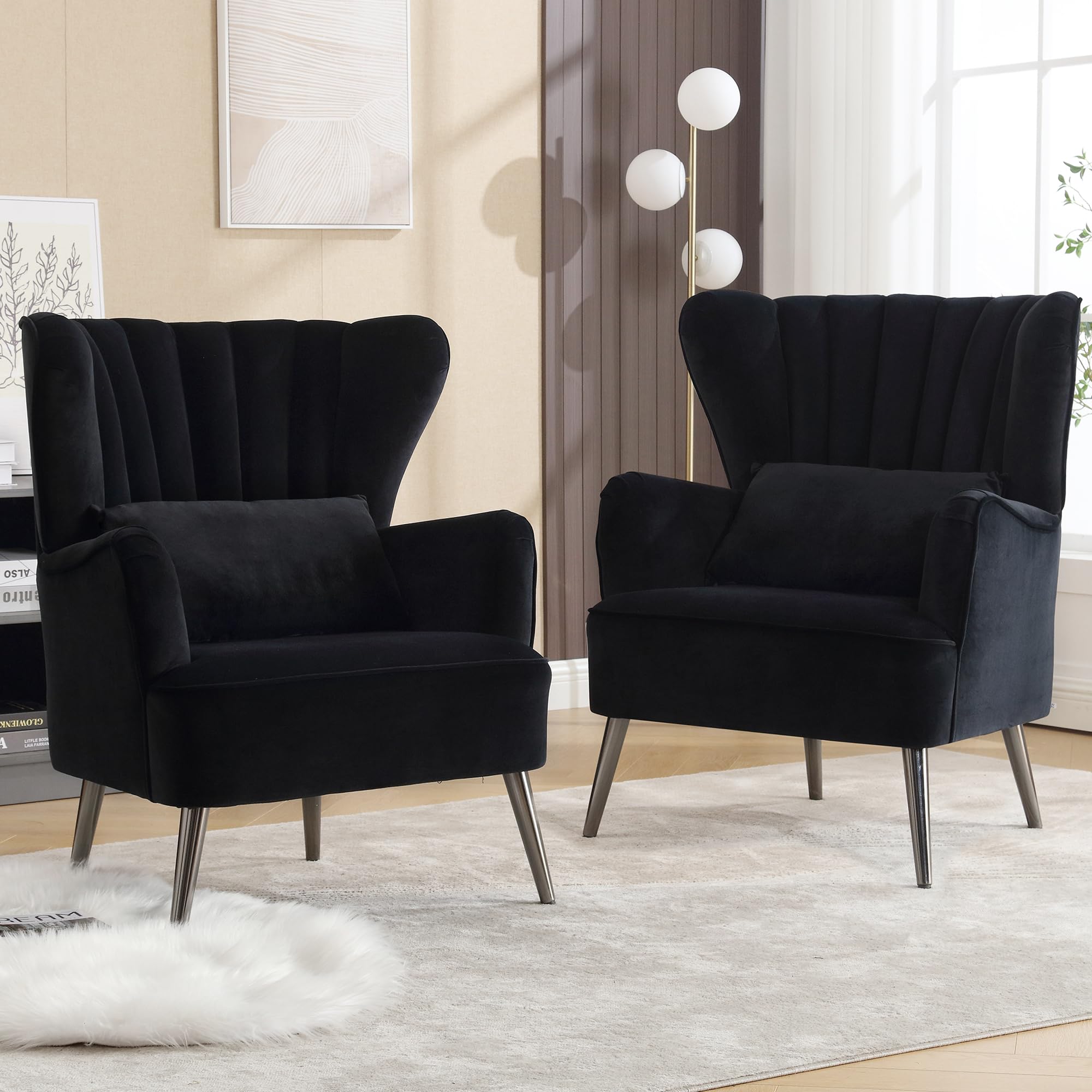 Modern Accent Chairs Set of 2, Wingback Velvet Armchair with Pillow (Black, Set of 2)
