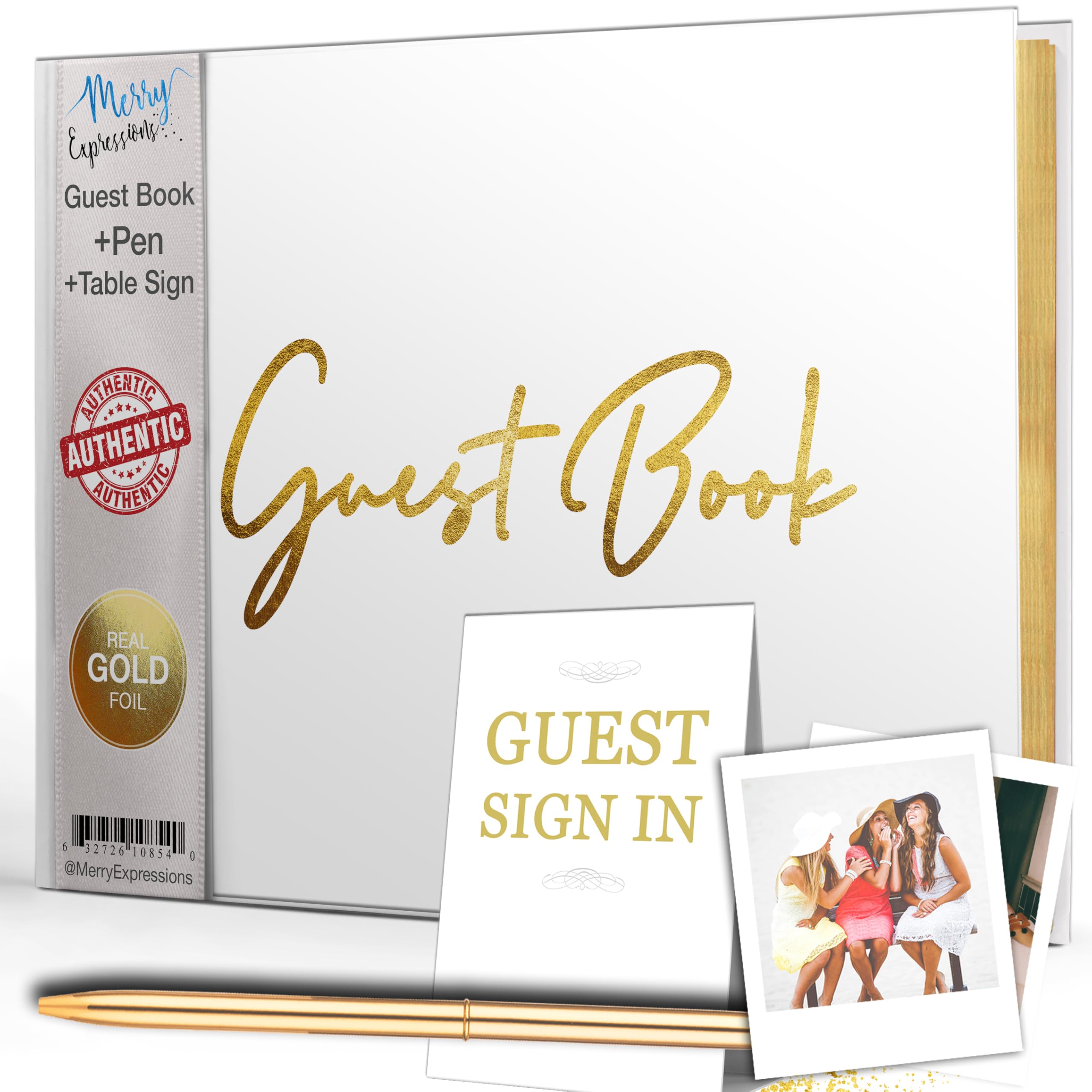 White & Gold Guest Book with Pen and Sign