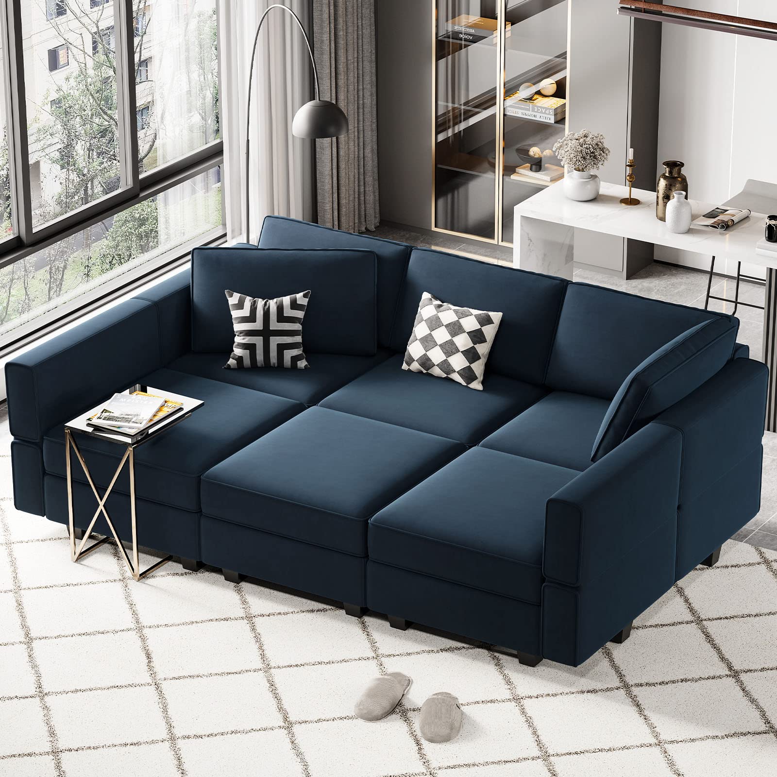 Belffin Modular Velvet Sectional Sofa with Chaise Lounge Sectional Sleeper Sofa with Storage Chaise Bed Couch for Living Room Blue Blue Sleeper Sofa-1