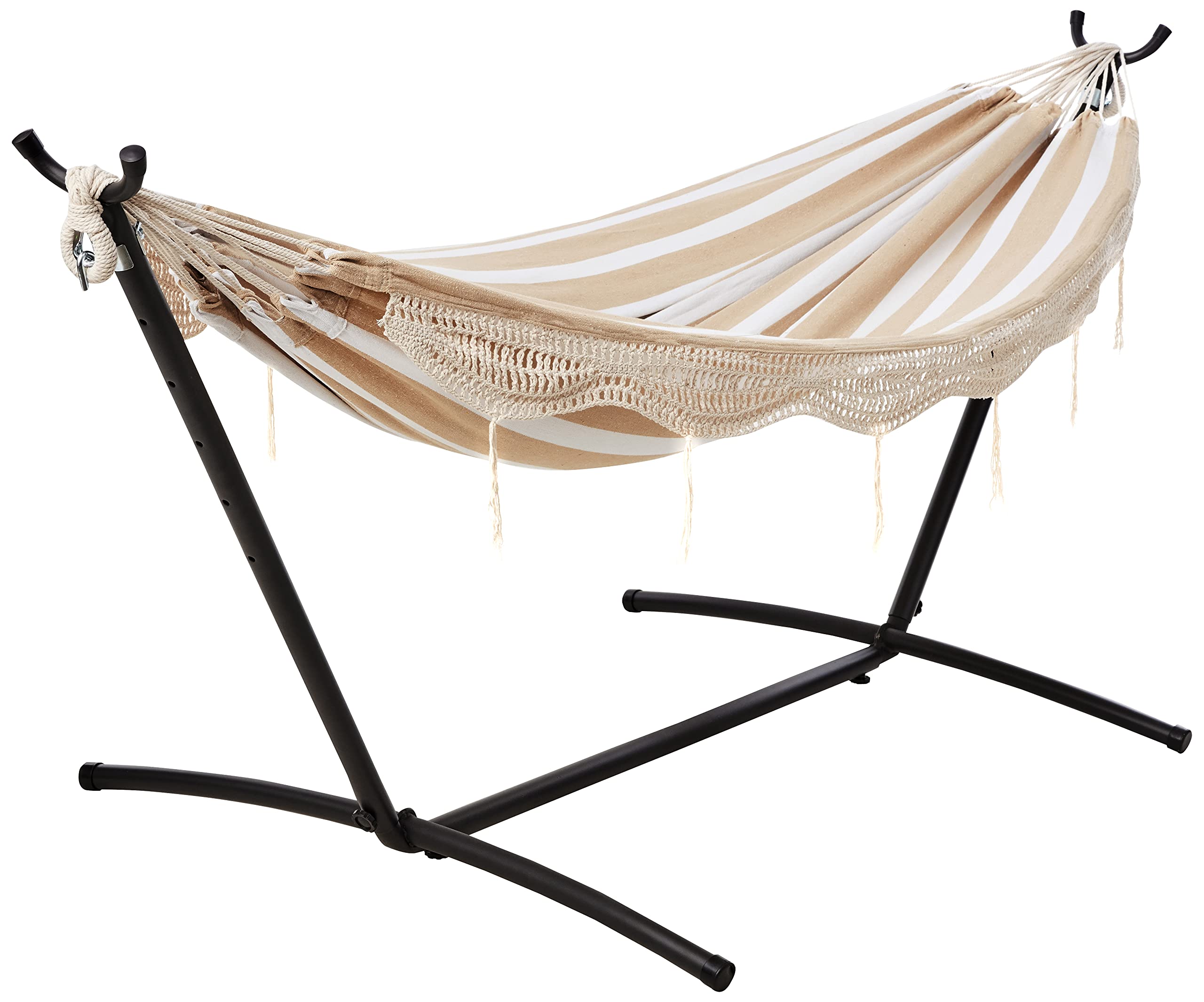 Amazon Basics Double Hammock with 9-Foot Space Saving Steel Stand (Beige Stripe with Lace)