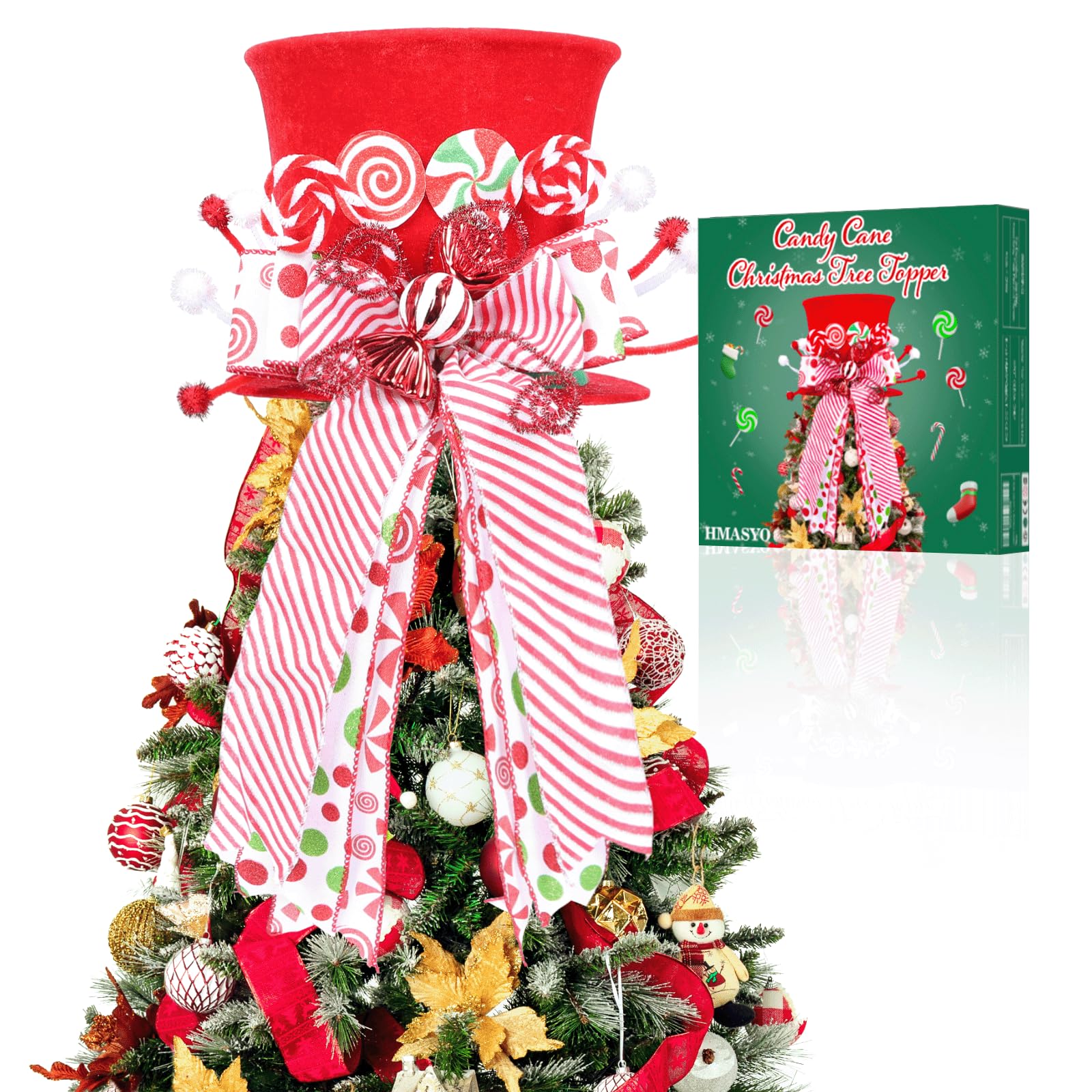 HMASYO Velvet Candy Cane Tree Topper Hat with Peppermint Bows