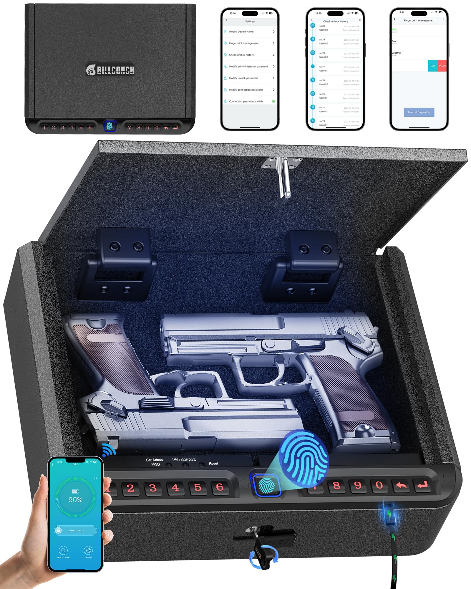 BILLCONCH Biometric Gun Safe — App Control, USB Charging, Silent Mode, 4 Unlock Methods