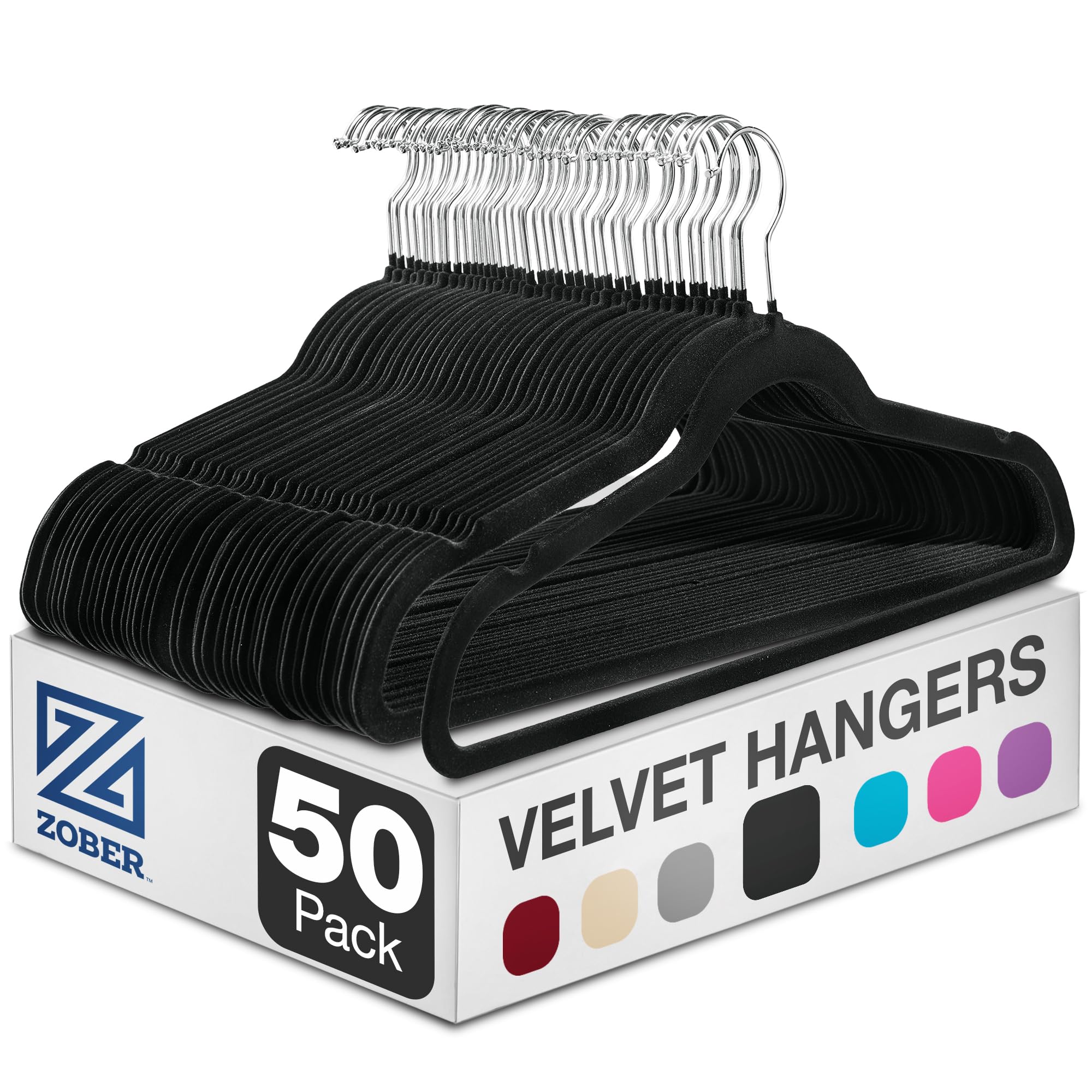 ZOBER Black Velvet Hangers 50 Pack — Non-Slip with 360° Swivel and Bar