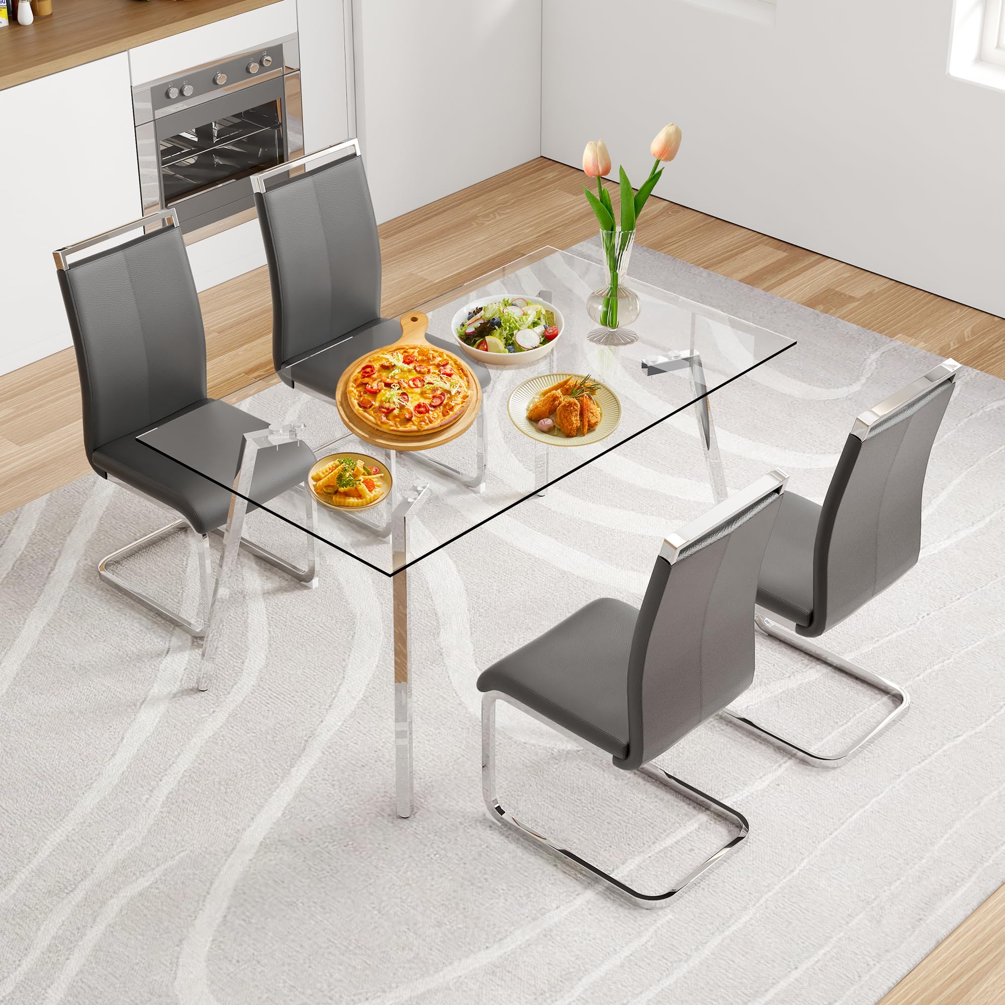 51" Tempered Glass Dining Table with 4 PU Chairs