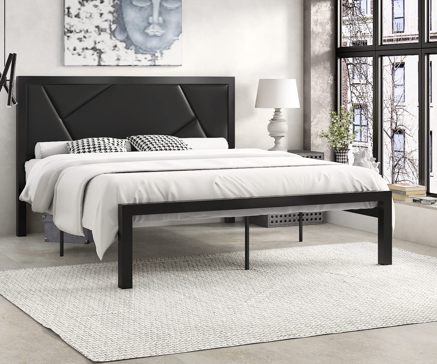 SHA CERLIN Metal Bed Frame with Leather Headboard