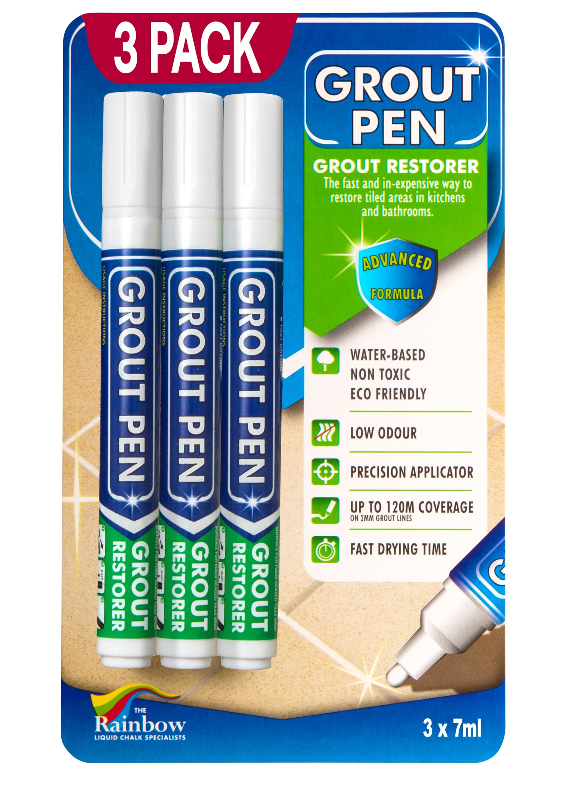 Grout Pen White Tile Grout Paint: Waterproof Grout Paint Pen, Whitener and Grout Sealer Marker - Narrow 5mm Tip (3 Pack)