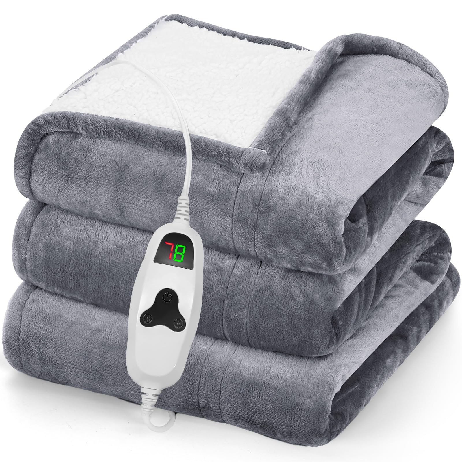 greenoak Heated Blanket Electric Throw 50" x 60" — Sherpa & Fleece, 10 Heat Levels, Multiple Timers (Misty Grey)