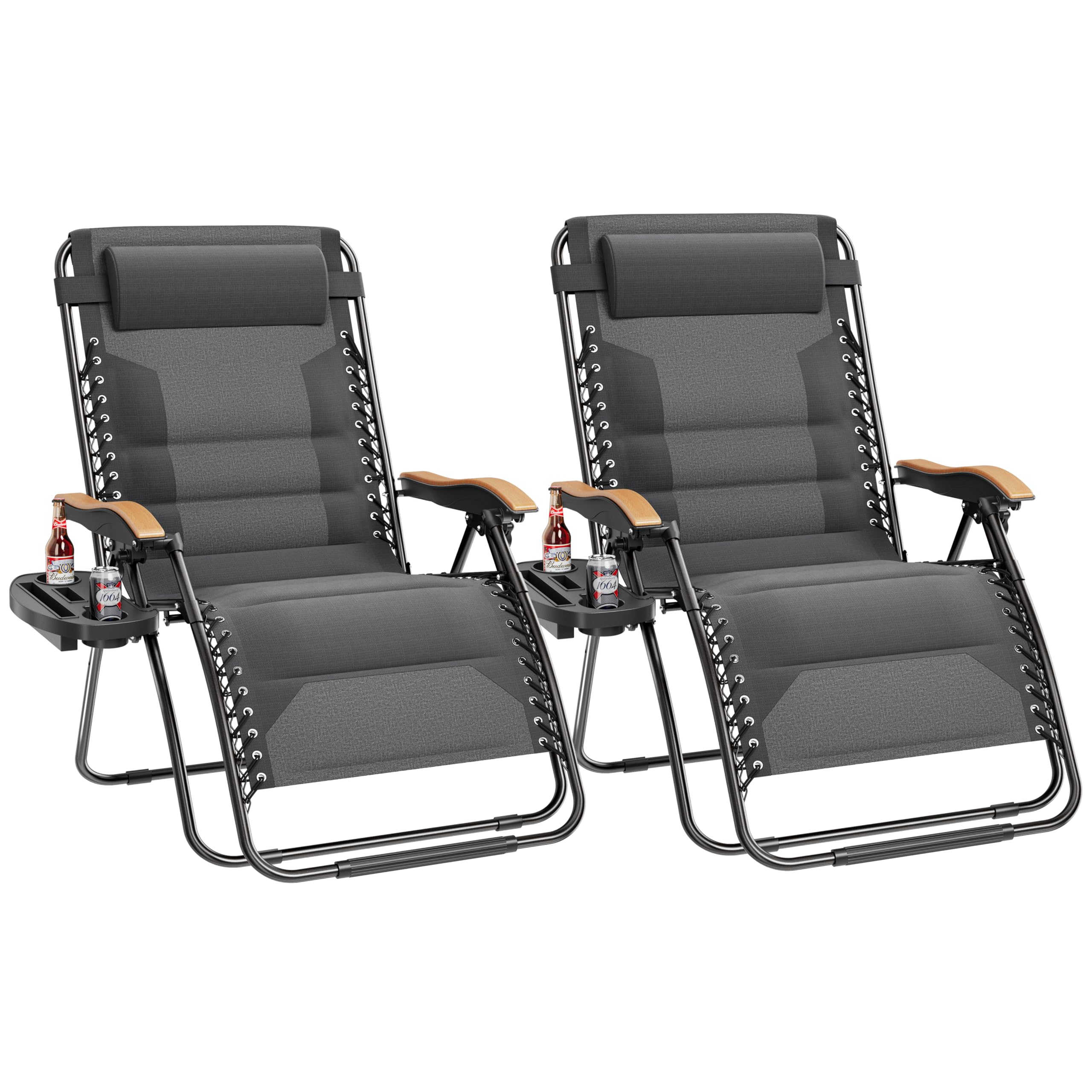 PHI VILLA XXL Oversized Padded Zero Gravity Chair Set of 2, Foldable Patio Recliner, 30" Wide Seat Anti Gravity Lounger with Armrest and Cup Holder, Support 400 LBS (Light Gray) Light Gray 2 Pcs