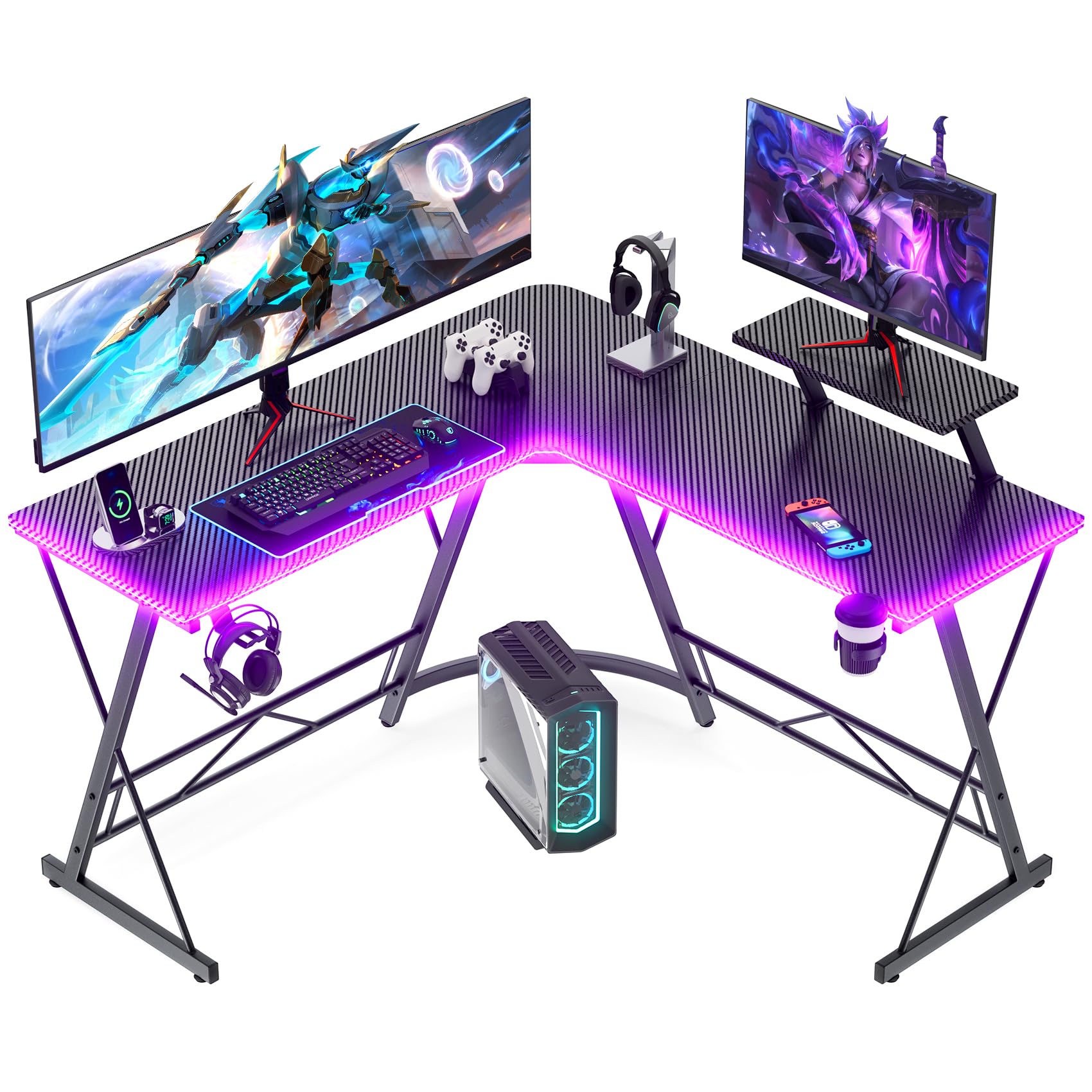 Mr IRONSTONE Gaming Desk with LED Lights, L Shaped Desk Corner with Cup Holder & Headphone Hook, Computer Desk Home Office Desks with Large Monitor Stand, Carbon Fiber Surface, Black 51 Inch