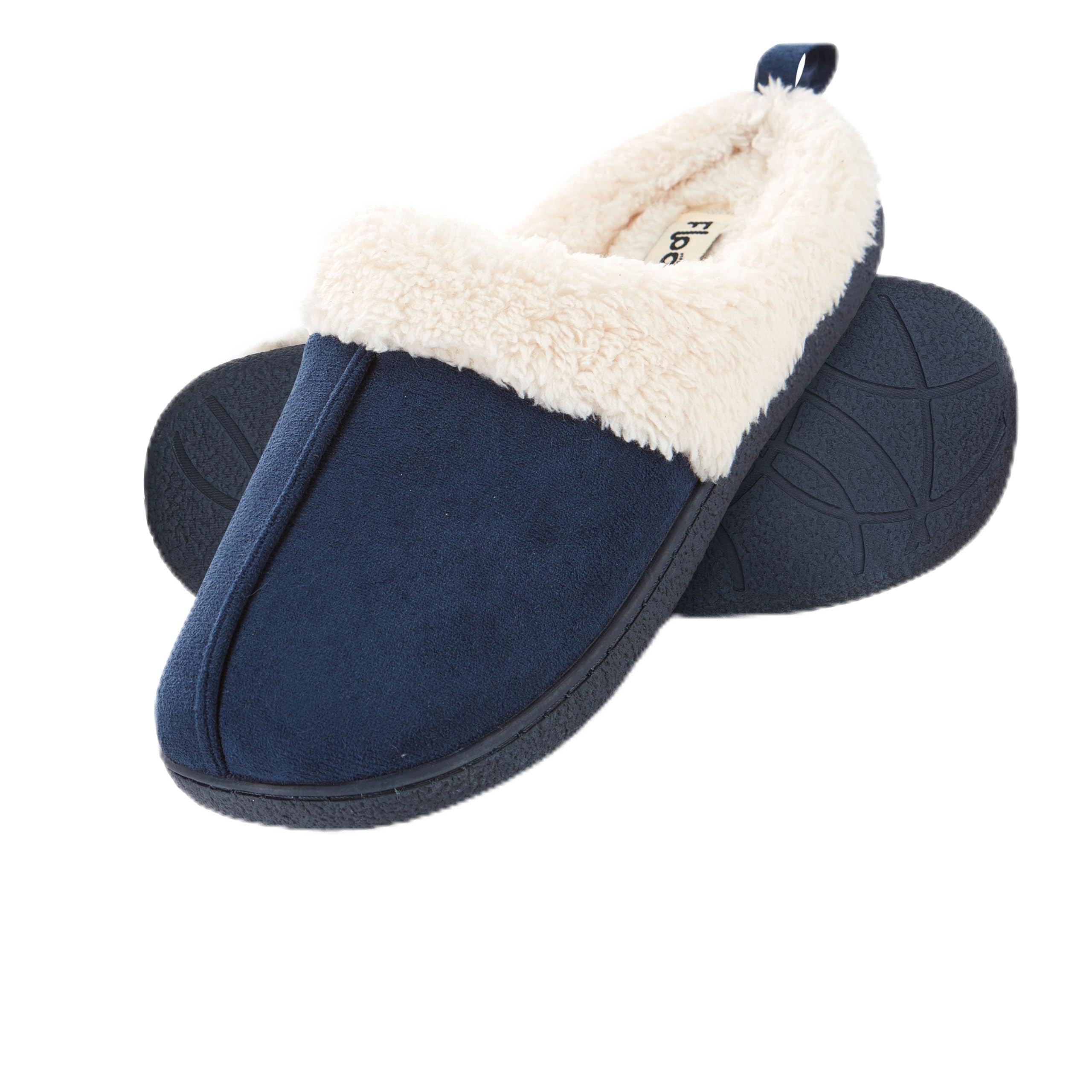 Floopi House Slippers for Women, Fur Lined Clog Womens Slippers Cozy Memory Foam with Indoor & Outdoor Anti Skid Sole Small Navy-301