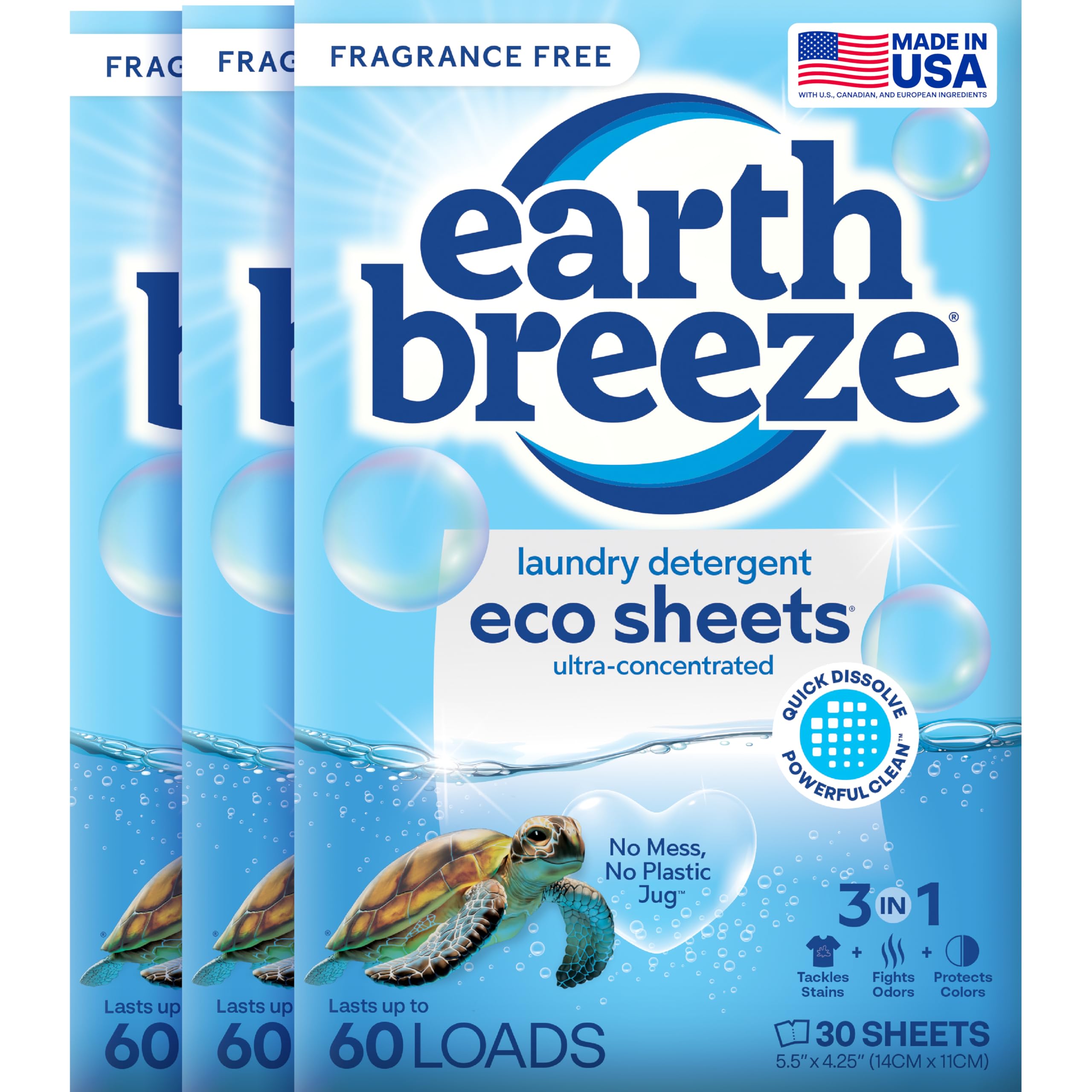 Earth Breeze Laundry Detergent Sheets Fragrance-Free - 180 Loads Eco Liquidless Soap - Travel-Friendly for Hot & Cold Cycles, Tackles Tough Stains & Odors - Gentle on Sensitive Skin, 90 Ct (3 Pack) Fragrance Free, 3 Pack