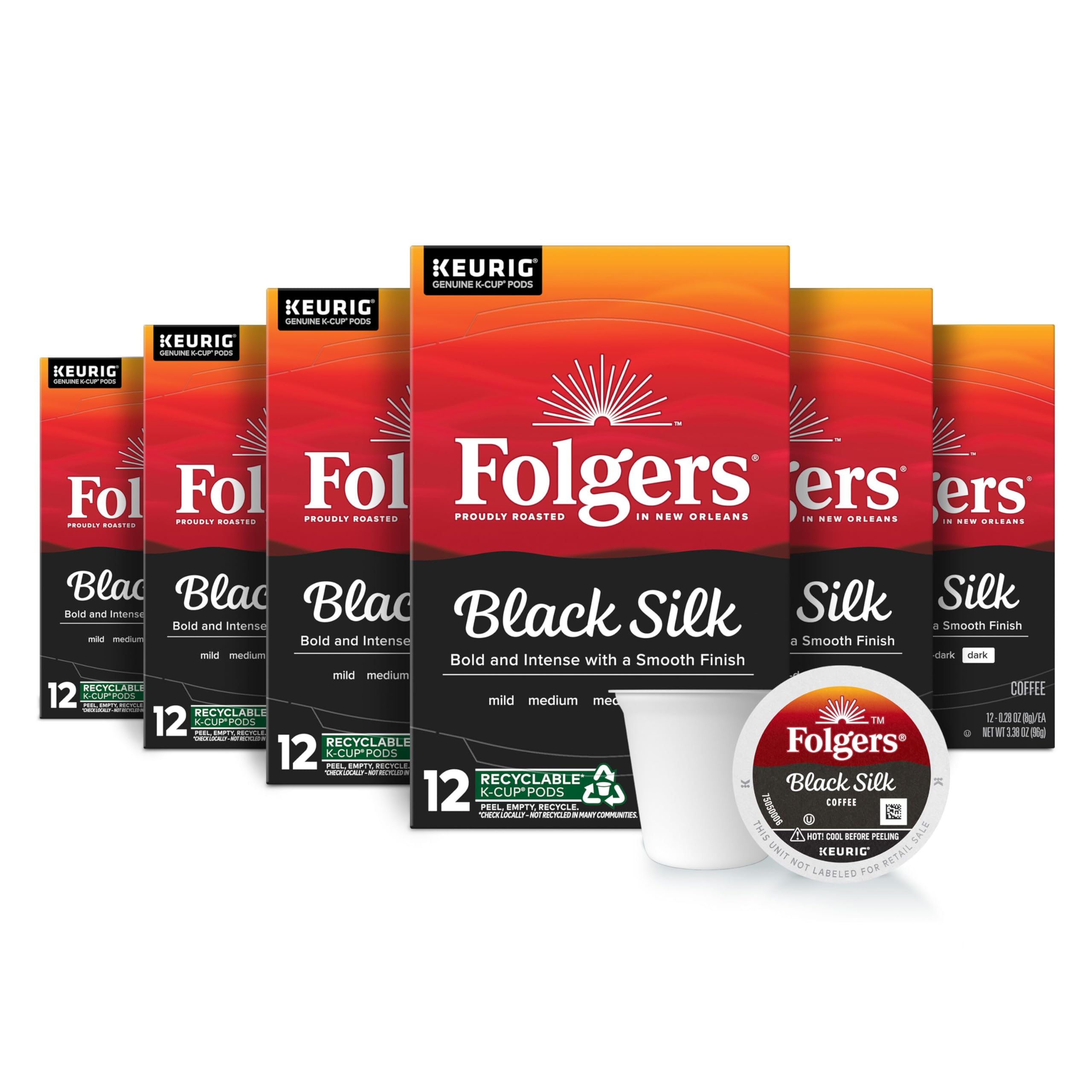 Folgers Black Silk, Dark Roast Coffee, Keurig K-Cup Pods, 12-Count Boxes (Pack of 6)