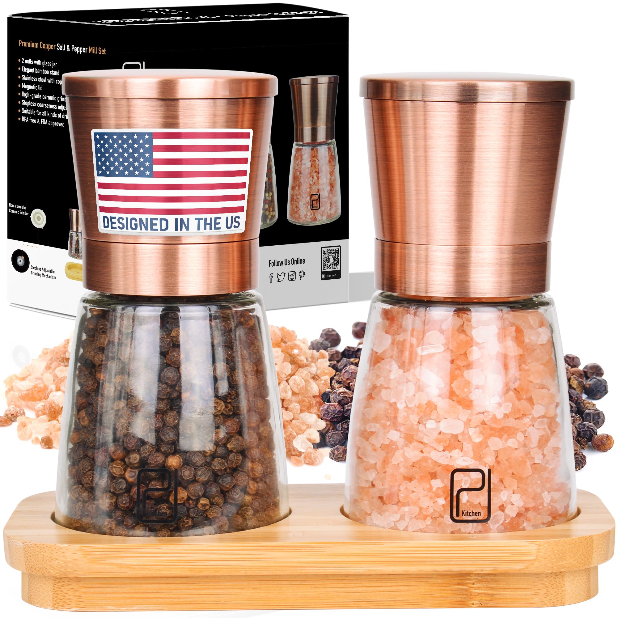 Premium Salt and Pepper Grinder Set with Bamboo Holder (Copper)