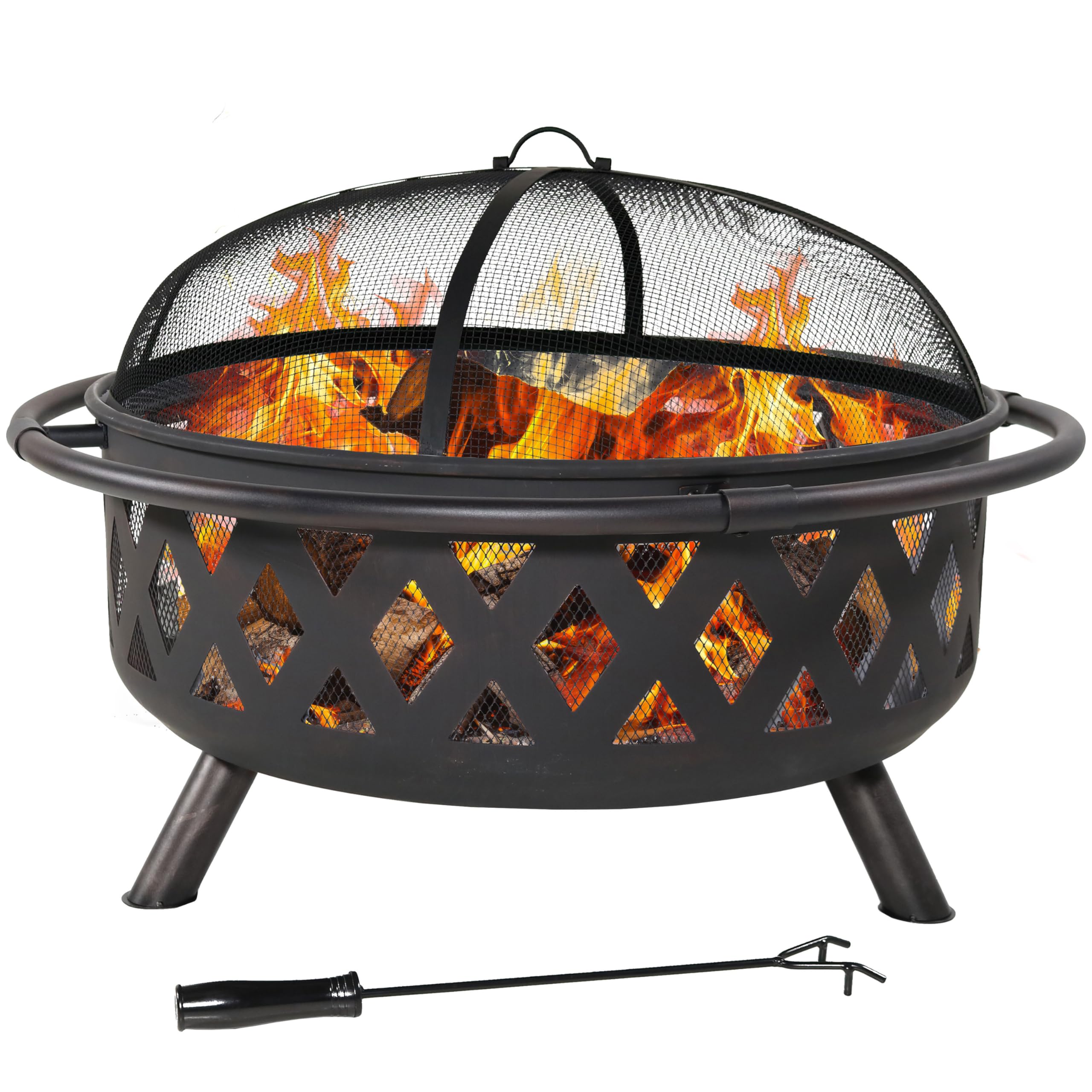 Sunnydaze Crossweave Outdoor Fire Pit - Wood-Burning Fire Pit for Outside with Spark Screen, Poker and Round Cover - 36-Inch - Black Black 36 in