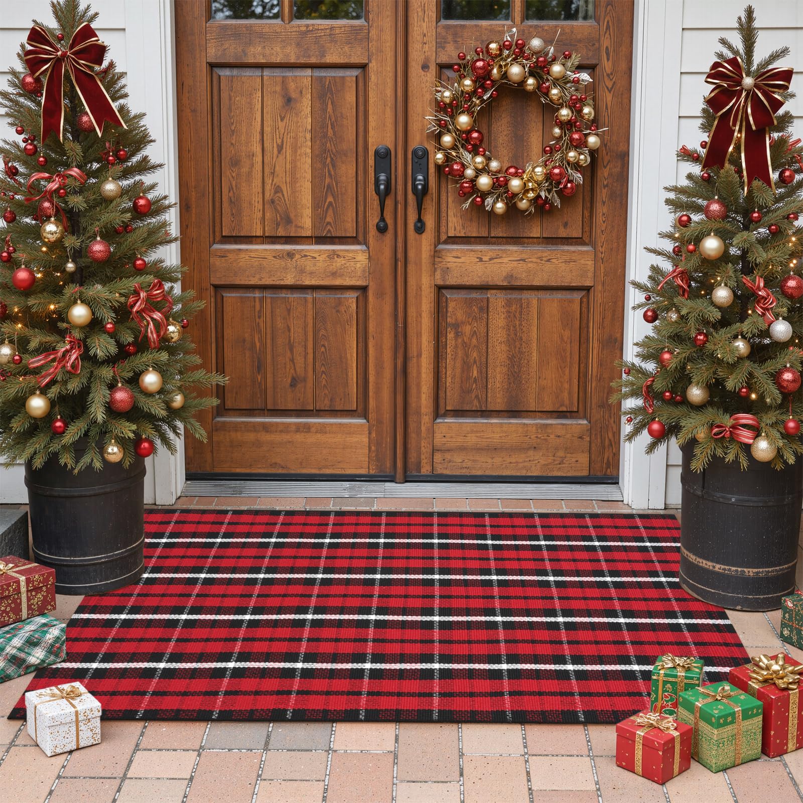 LEEVAN Christmas Outdoor Rug 2x4 — Black and Red Checkered